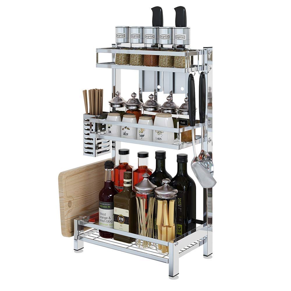 JF-XUAN 3-Tier Stainless Steel Kitchen Shelf Storage Rack 32.4x20.8x60.5cm for Spices, Utensils & Pantry Organization