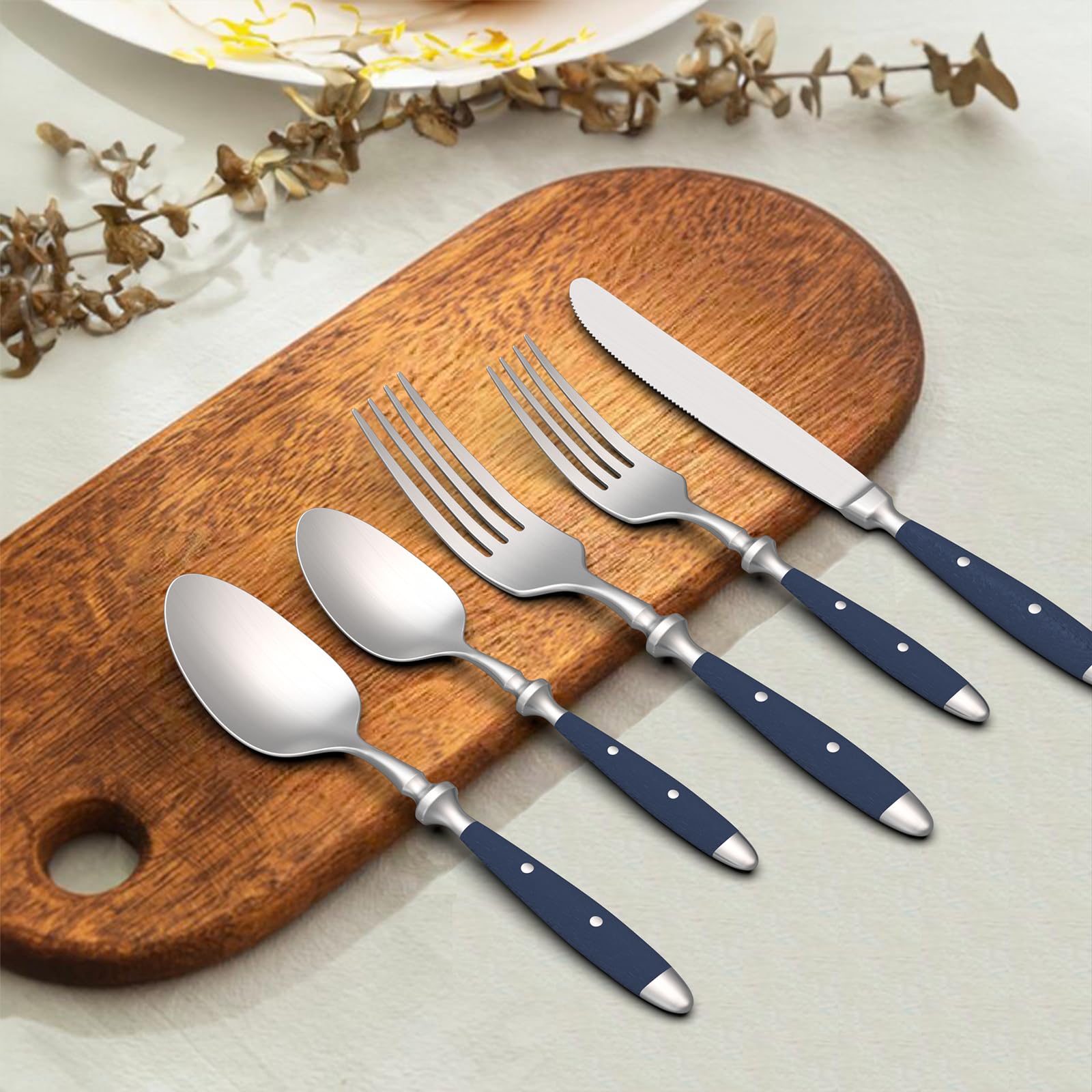 18/10 Stainless Steel 20-Piece Silverware Flatware Set with Brushed Finish & Navy Blue POM Handles - Dishwasher Safe, Service for 4 - Elegant Cutlery Set for Home, Restaurant & Everyday Dining