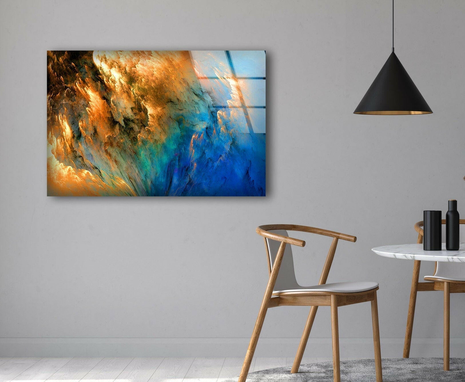 Blue Gold Alcohol Ink Glass Wall Art - Handmade Abstract Painting for Home & Office Decor - Perfect for Living Room, Bedroom, or Gift