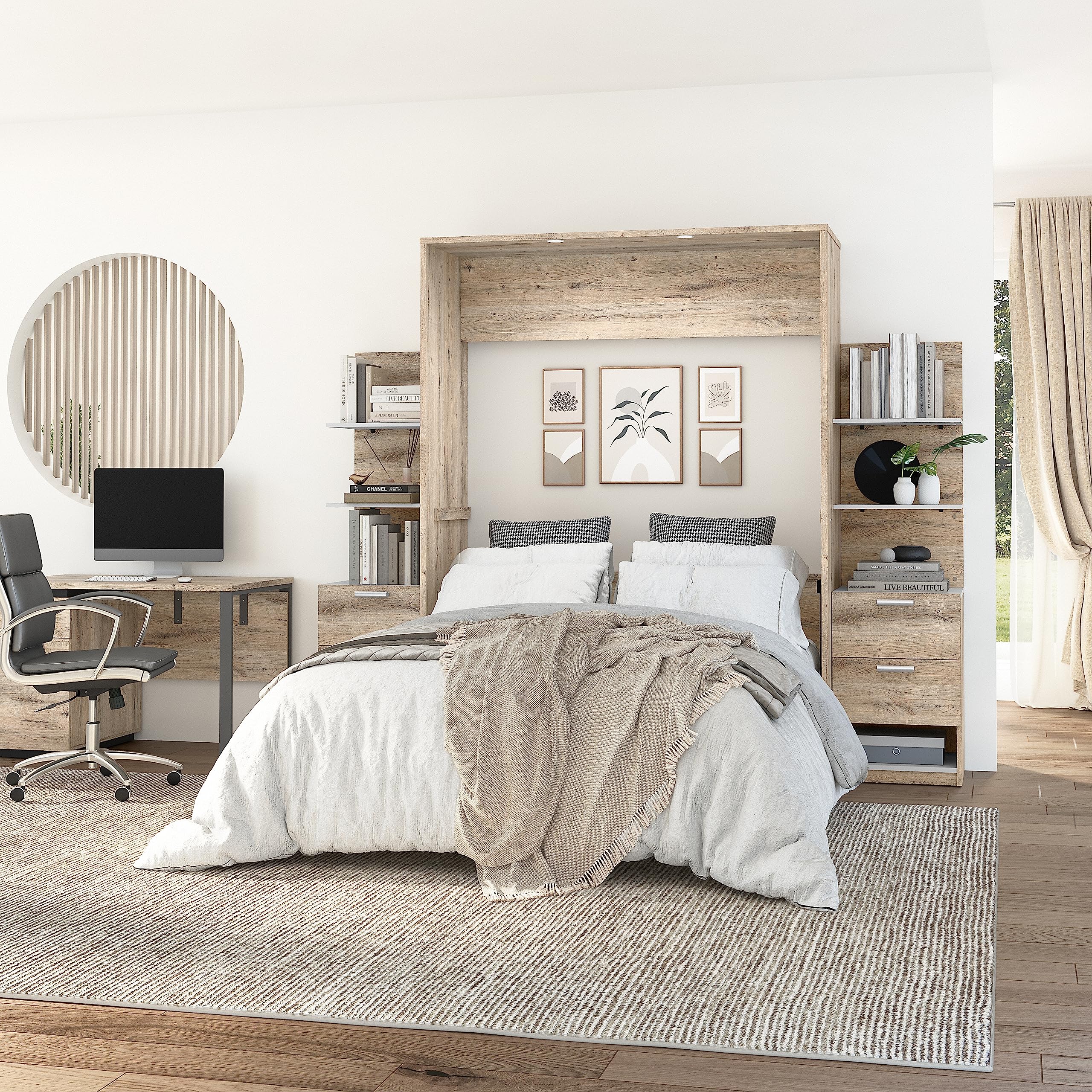 Bestar Cielo Queen Murphy Wall Bed with Nightstands & Floating Shelves - Rustic Brown & White Space-Saving Furniture for Small Apartments, Guest Rooms & Home Offices