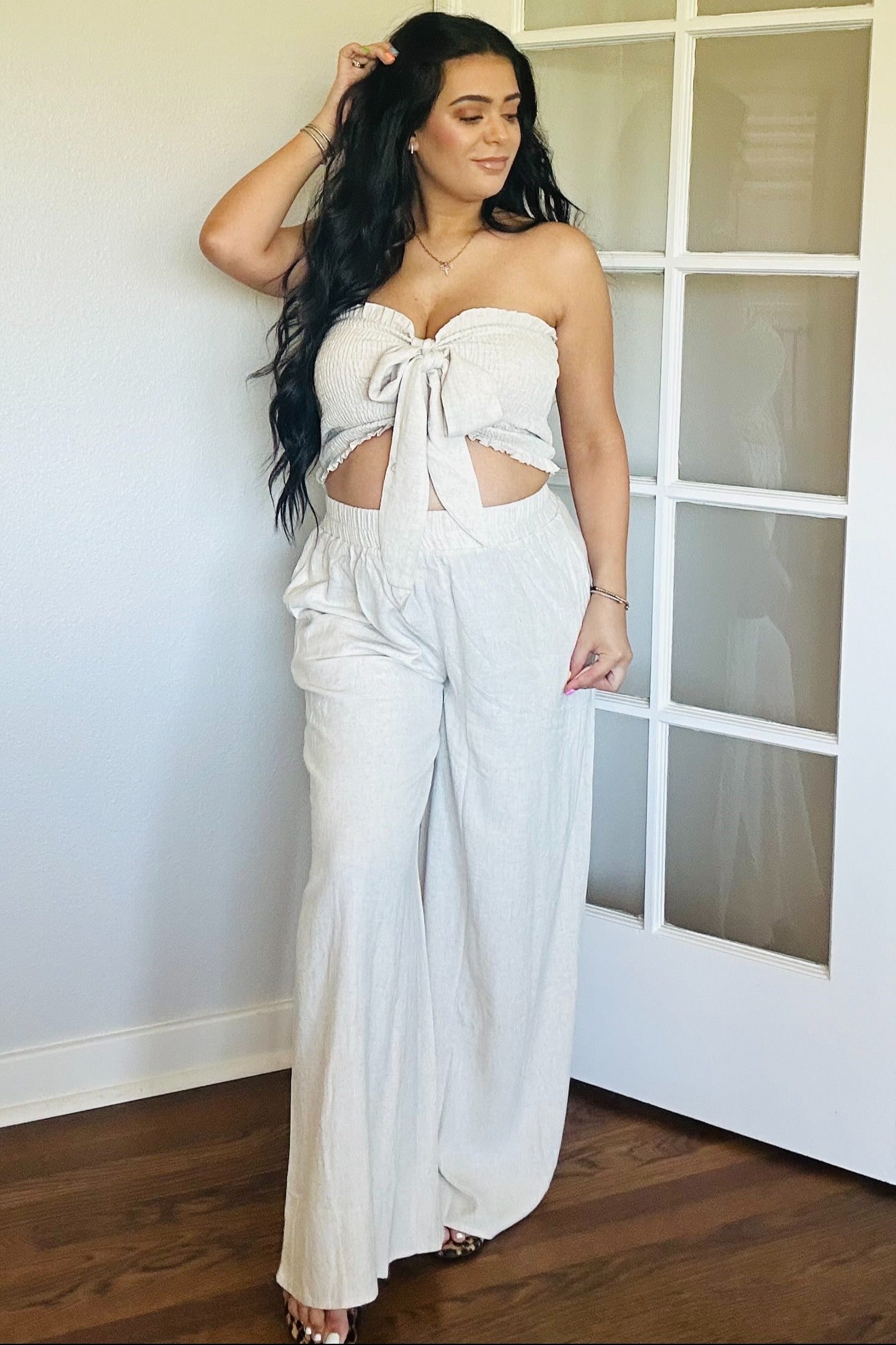 Beige Front Tie Maternity Crop Top and Pants Set - Comfortable Pregnancy Outfit for Casual Wear & Maternity Photos