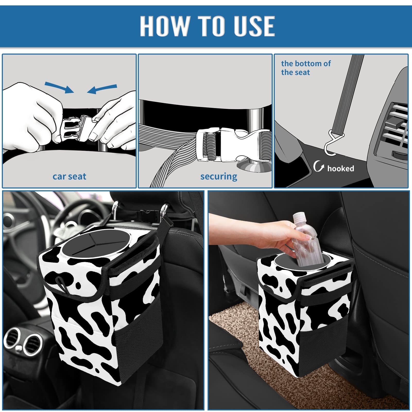 Western Black & White Cow Print Collapsible Car Trash Can with Lid - Reusable Waterproof Auto Garbage Bin for Car, Truck & SUV | Perfect for Road Trips, Commuting & Keeping Vehicle Interior Clean