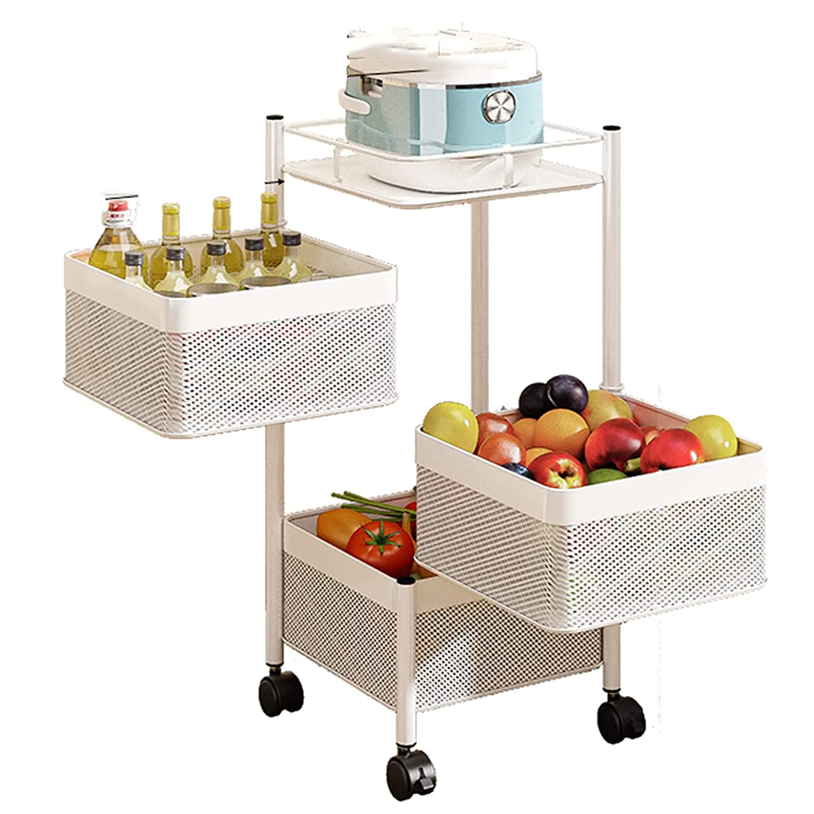 3-Tier Rotating Kitchen Storage Rack with Wheels - White Revolving Vegetable Basket Organizer for Kitchen & Living Room | Space-Saving Floor-Standing Shelf for Fruits, Vegetables & Pantry Items