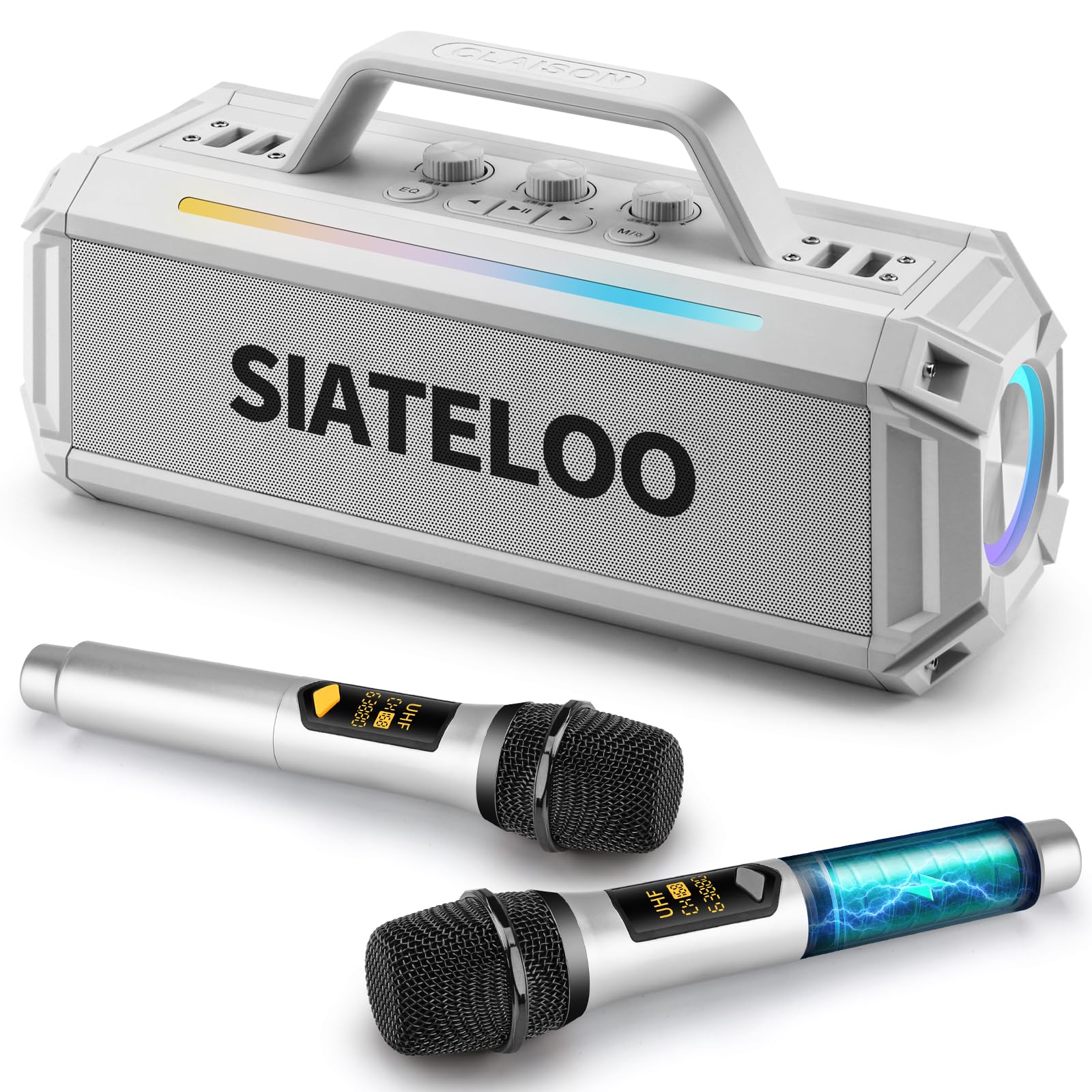 Portable Outdoor Bluetooth 5.3 Speaker - 80W Peak Stereo Sound with Deep Bass, Waterproof, Wireless Microphones, Aux Input - Perfect for Beach, Camping, Pool Parties & Karaoke (White)