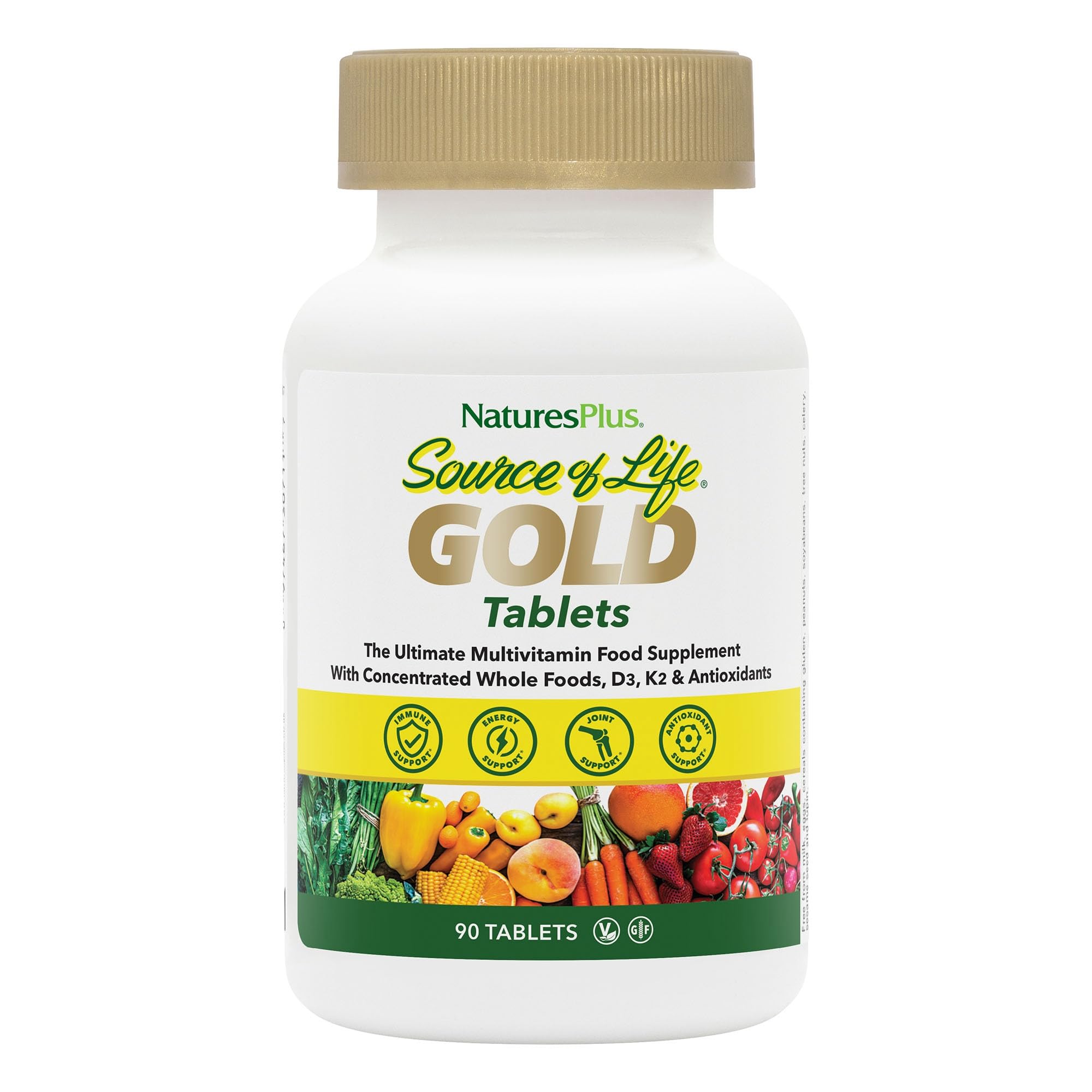 Natures Plus Source of Life Gold Multivitamin - 90 Tablets with Vitamins D3, B12 & K2 for Blood, Bone & Immune Support - Vegetarian & Gluten Free Supplement - 30 Servings | Daily Wellness for Active Adults & Seniors