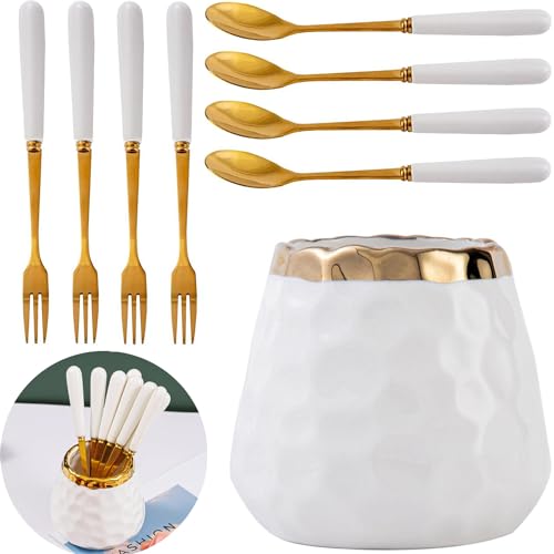 White gold jar+4 spoons 4 forks