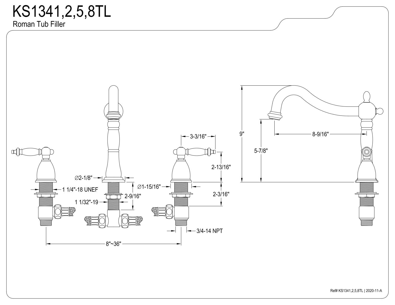 Kingston Brass KS1345TL Heritage Roman Tub Faucet - 8-Inch Adjustable Center Oil Rubbed Bronze Bathroom Fixture for Freestanding Tubs & Luxury Spa Retreats