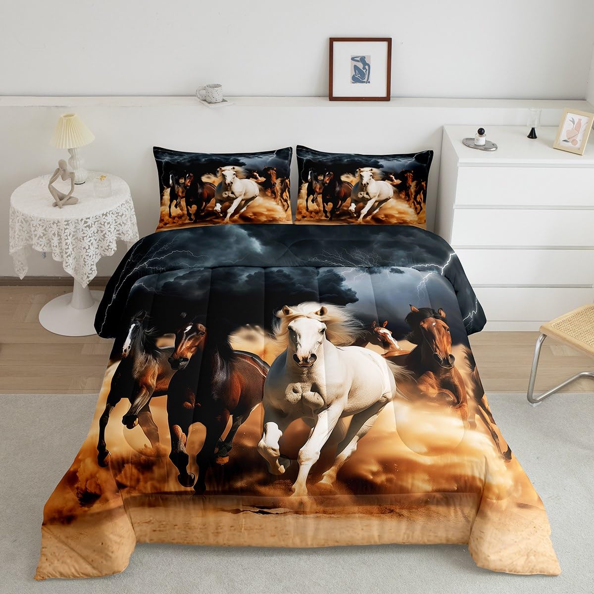 Wild Horse Comforter Set for Boys & Girls - Twin Size 3D Wild Animal Print Quilted Duvet Cover - Western Farmhouse Theme with Black Lightning Design - Perfect for Kids & Teens Bedroom Decor, Cowboy Themed Rooms, and Western Style Dorm Essentials