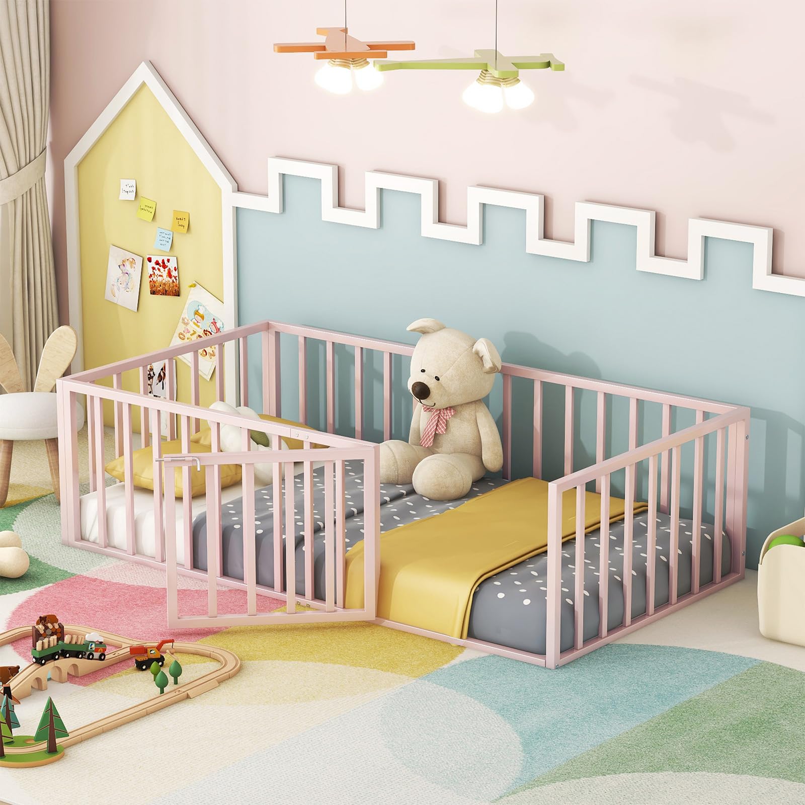 Montessori Twin Floor Bed with Safety Fence & Door - Metal Frame Kids Platform Bed with Rails for Boys & Girls - Perfect for Toddler Rooms & Play Areas