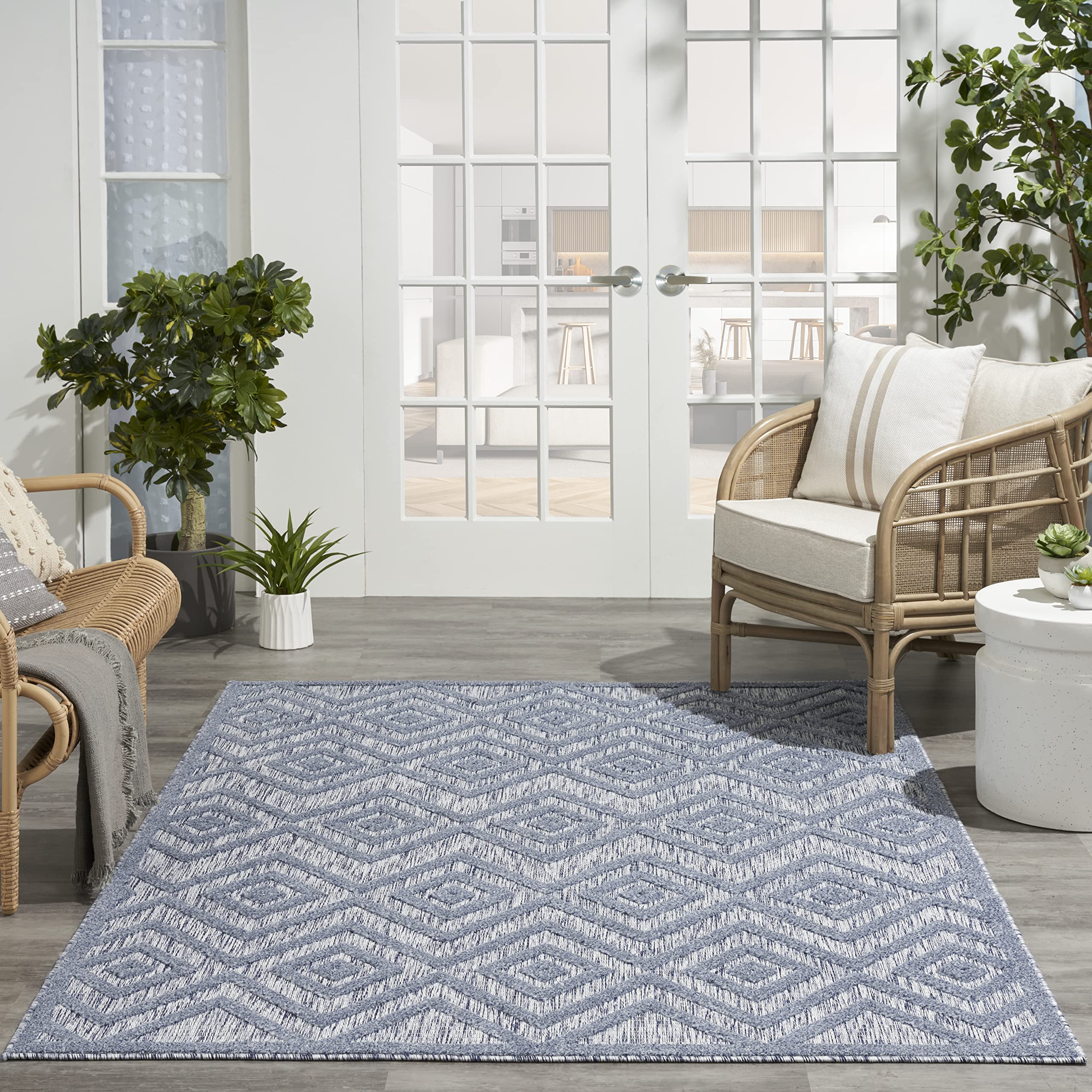 Nourison 6' x 9' Denim Blue Indoor Outdoor Area Rug - Easy Clean, Non-Shedding, Stain Resistant for High Traffic Areas | Perfect for Living Room, Bedroom, Dining Room, Deck, Backyard & Patio Decor
