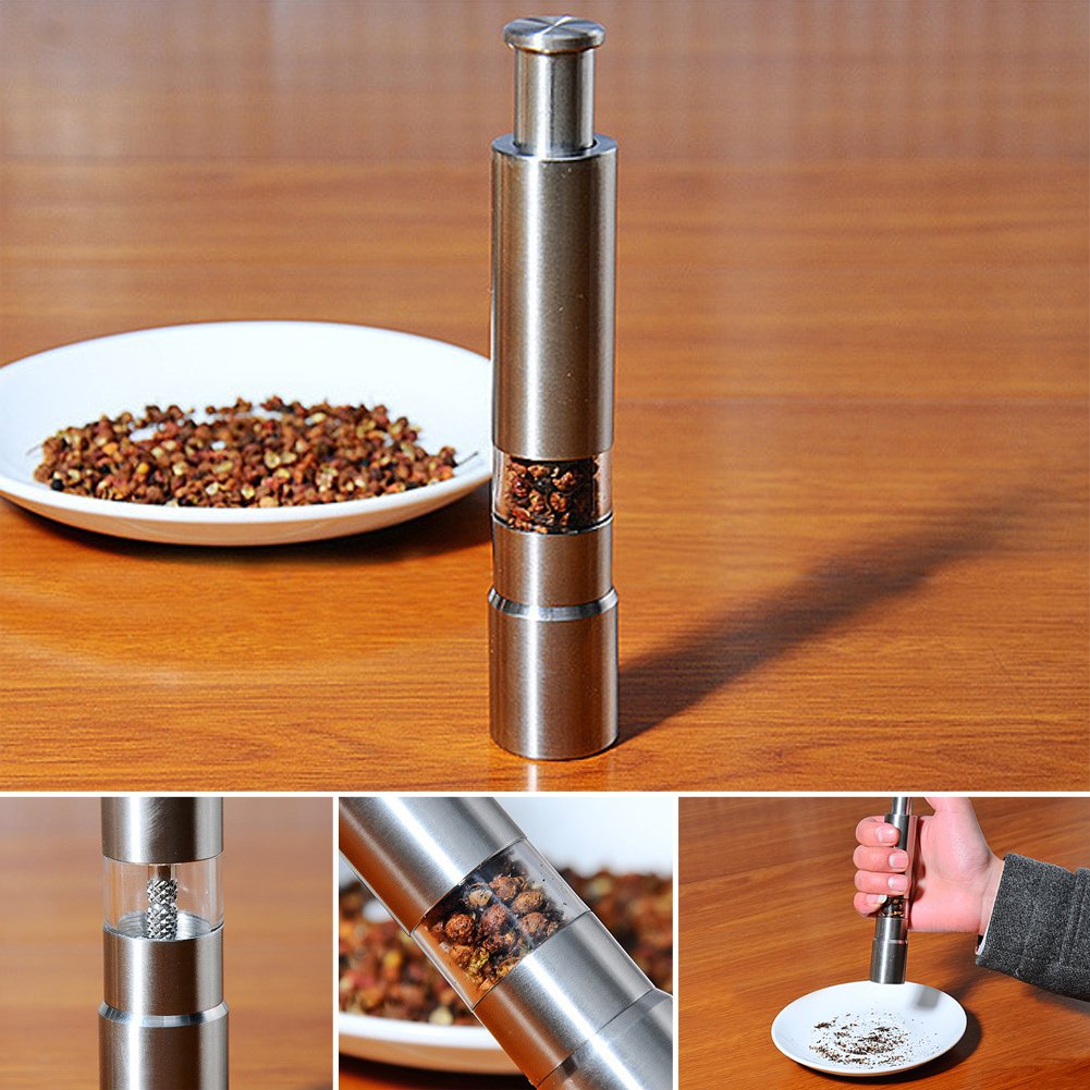 Premium Stainless Steel Salt and Pepper Grinder Set of 2 - Adjustable Push Button Design for Black Pepper, Sea Salt & Himalayan Salt - Perfect for Kitchen, Dining Table & Outdoor BBQ
