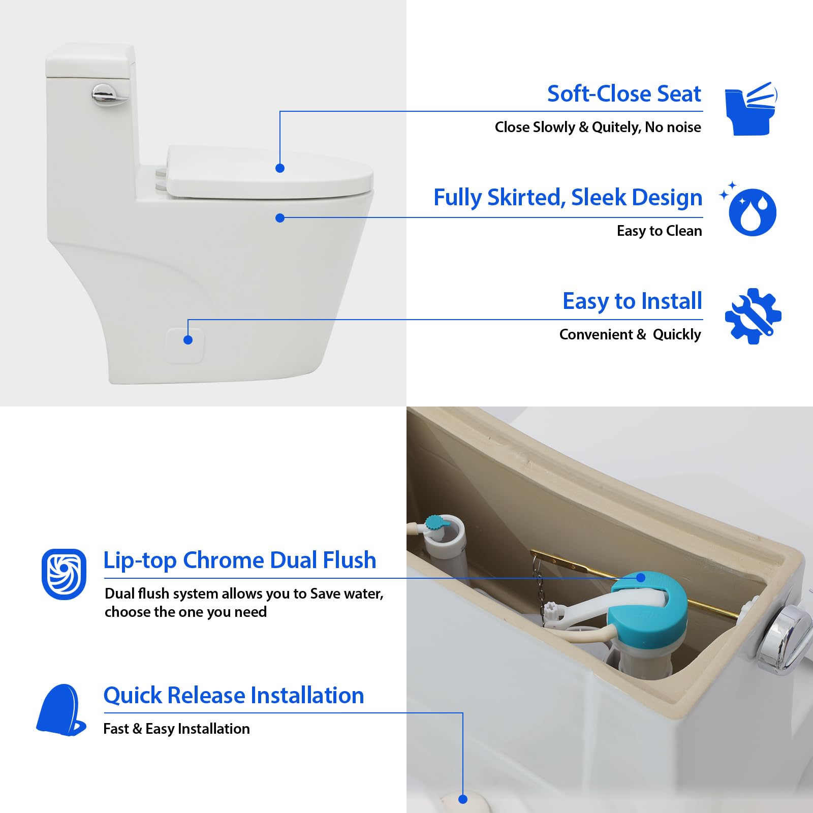 **Sarlai 1.28 GPF Modern White Ceramic One-Piece Toilet - Elongated Comfort Height, 12