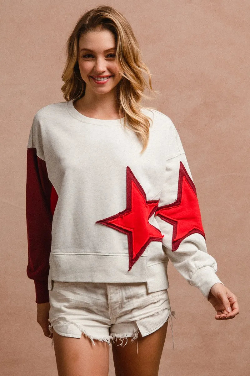 BiBi Star Patch & Spliced Hemline French Terry Long Sleeve Sweatshirt for Women - Cozy Casual Pullover for Fall & Winter Fashion | Perfect for Streetwear, Lounge Wear and Everyday Outfits