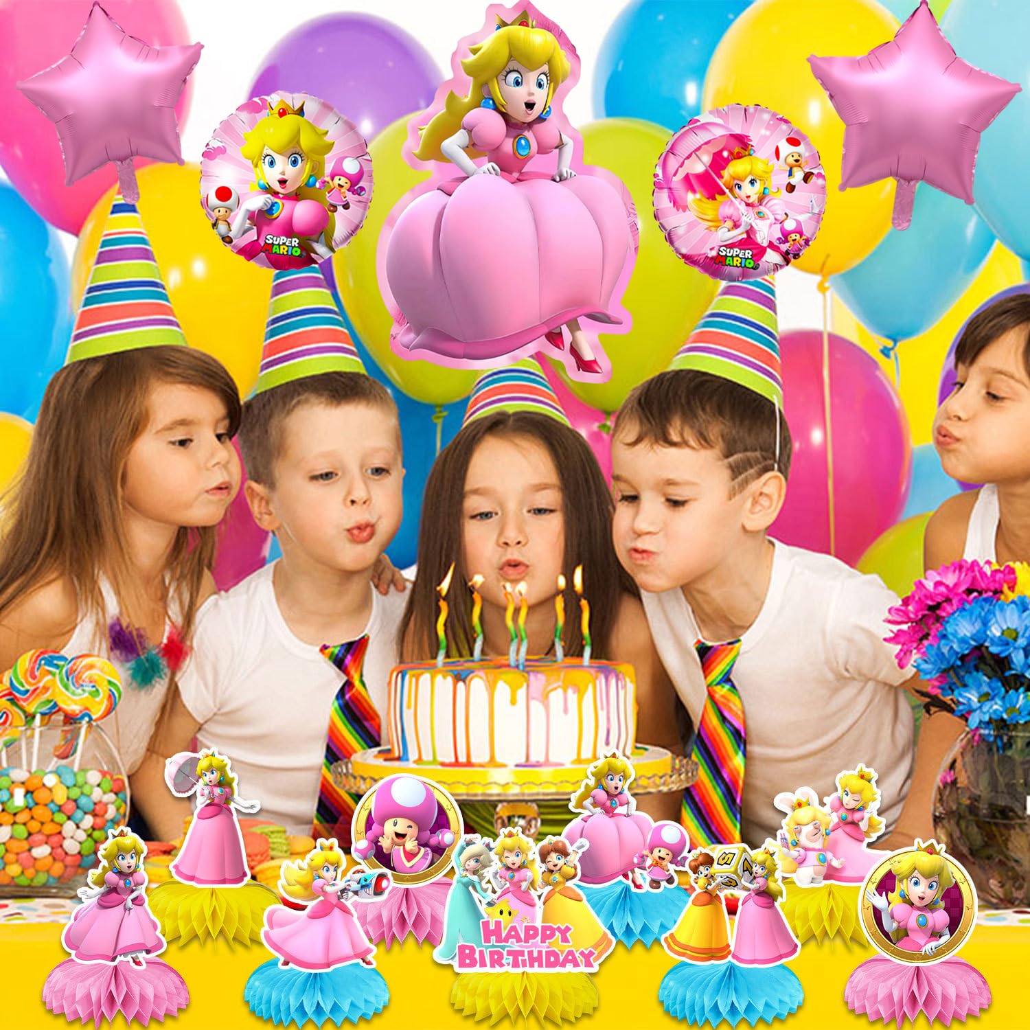 5Pcs Princess Peach Foil Balloons - Super Mario Birthday Party Decorations for Girls, Kids Room Decor, Baby Shower & Themed Party Supplies (Pink, Gold) - Perfect for Birthday Parties, Baby Showers, Gender Reveals & Mario-Themed Events