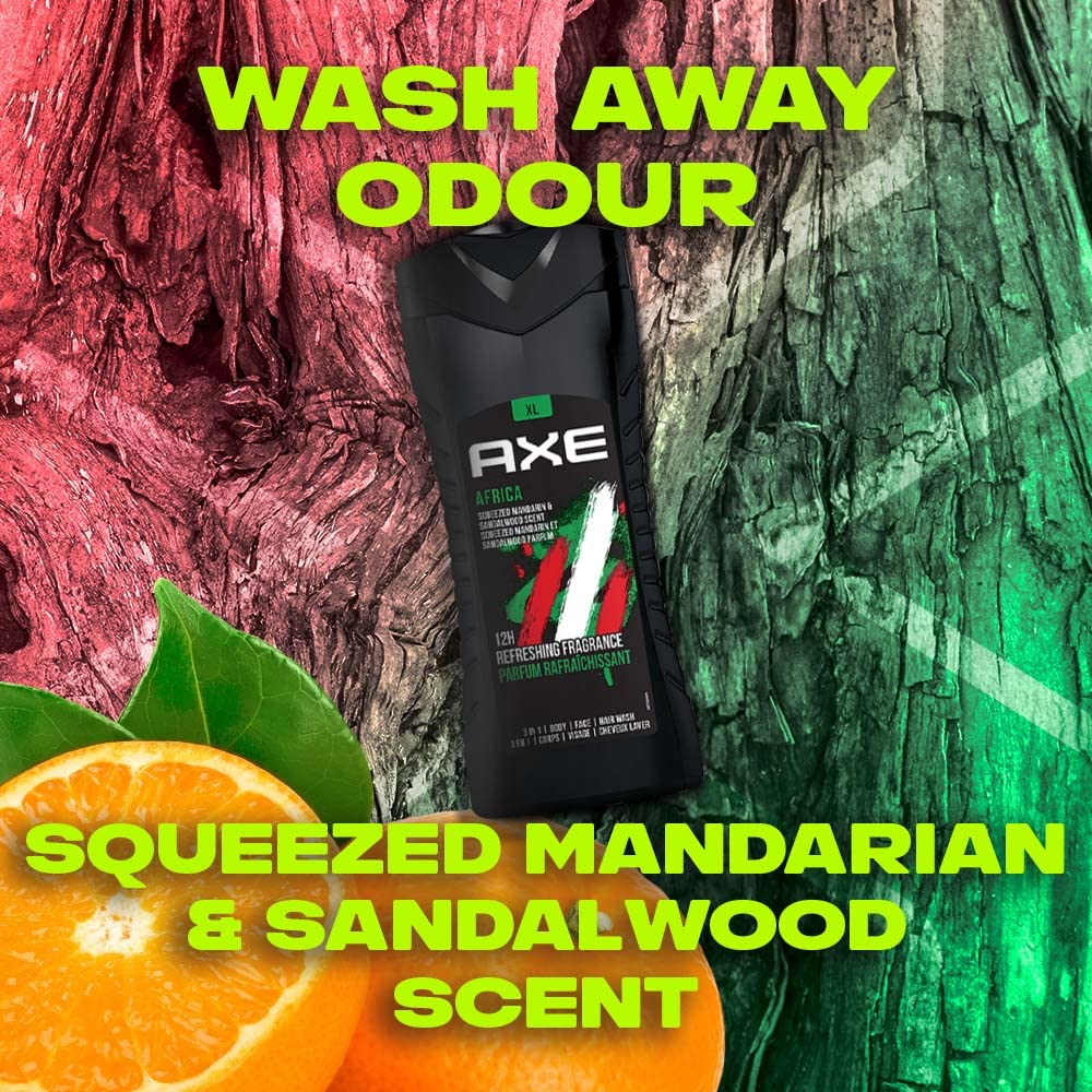 Axe Africa 3-in-1 Body, Face & Hair Wash for Men - Long-Lasting Mandarin & Sandalwood Scent (12 Hours) - Odor & Bacteria Protection - Paraben-Free & Dermatologist Tested (13.5 fl oz) - Perfect for Gym, Travel & Daily Shower Routine