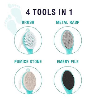 4-in-1 Foot Pedicure Brush Set with Pumice Stone, Scrubber & File - Remove Dry Cracked Hard Skin & Calluses - Soft Care Foot Cleaner for Feet, Toes & Nails - Perfect for Bathing, Manicure & Pedicure at Home Spa