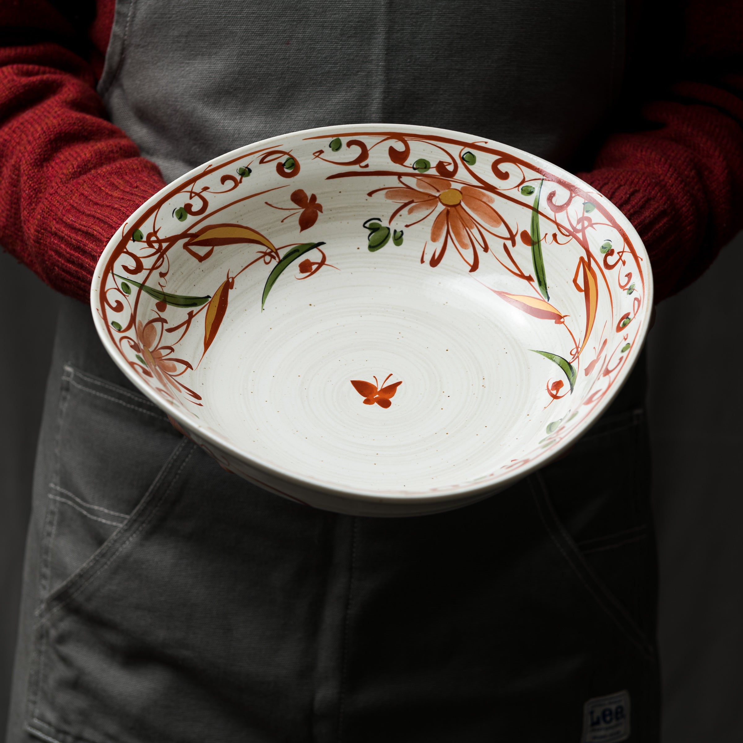 Red Butterflies 3 Feet Large Bowl - 25 cm Ceramic Serving Bowl for Salads, Pasta, and Party Dishes