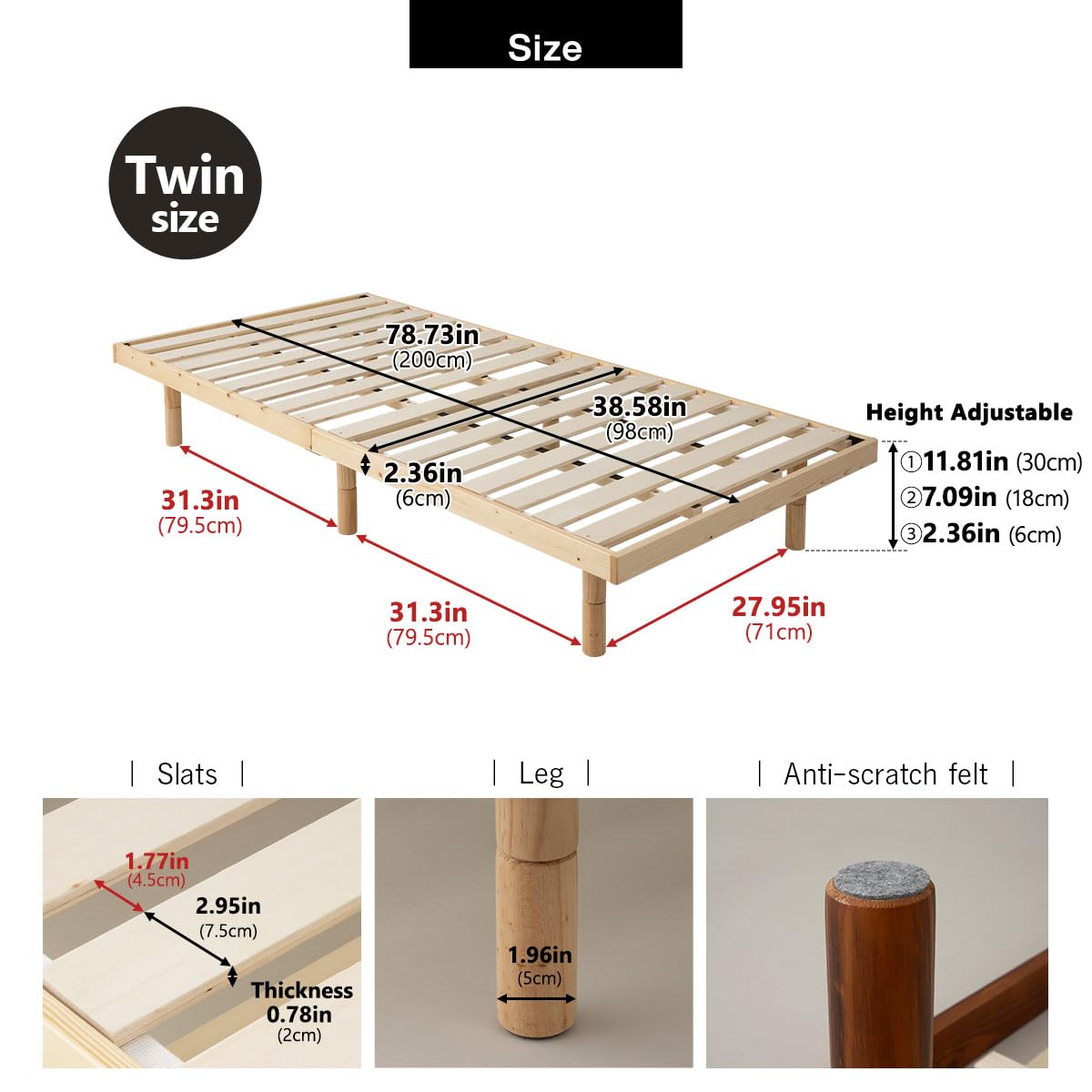 EMOOR Adjustable Wood Slatted Low Bed Frame for Japanese Futon Mattress - Twin Size, Retro-Brown (2/7/12 Inch Height Options) | Perfect for Minimalist Bedrooms, Small Spaces & Tatami Mat Compatibility