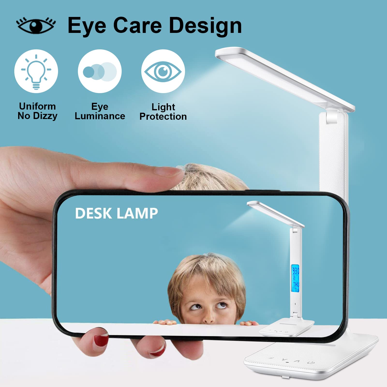 LAOPAO Wireless Charging Desk Lamp with USB Port & Digital Clock - Adjustable LED Table Lamp for Home Office, Study, College Dorm Room - Perfect for Night Reading, Working & Phone Charging