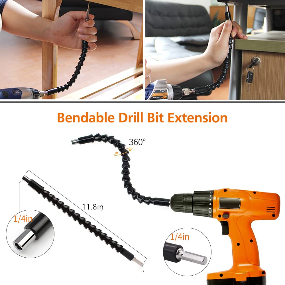 Flexible Drill Bit Extension Set & Universal Socket Adapter Kit - 3pc Bendable Drill Bit Holder, 1/4
