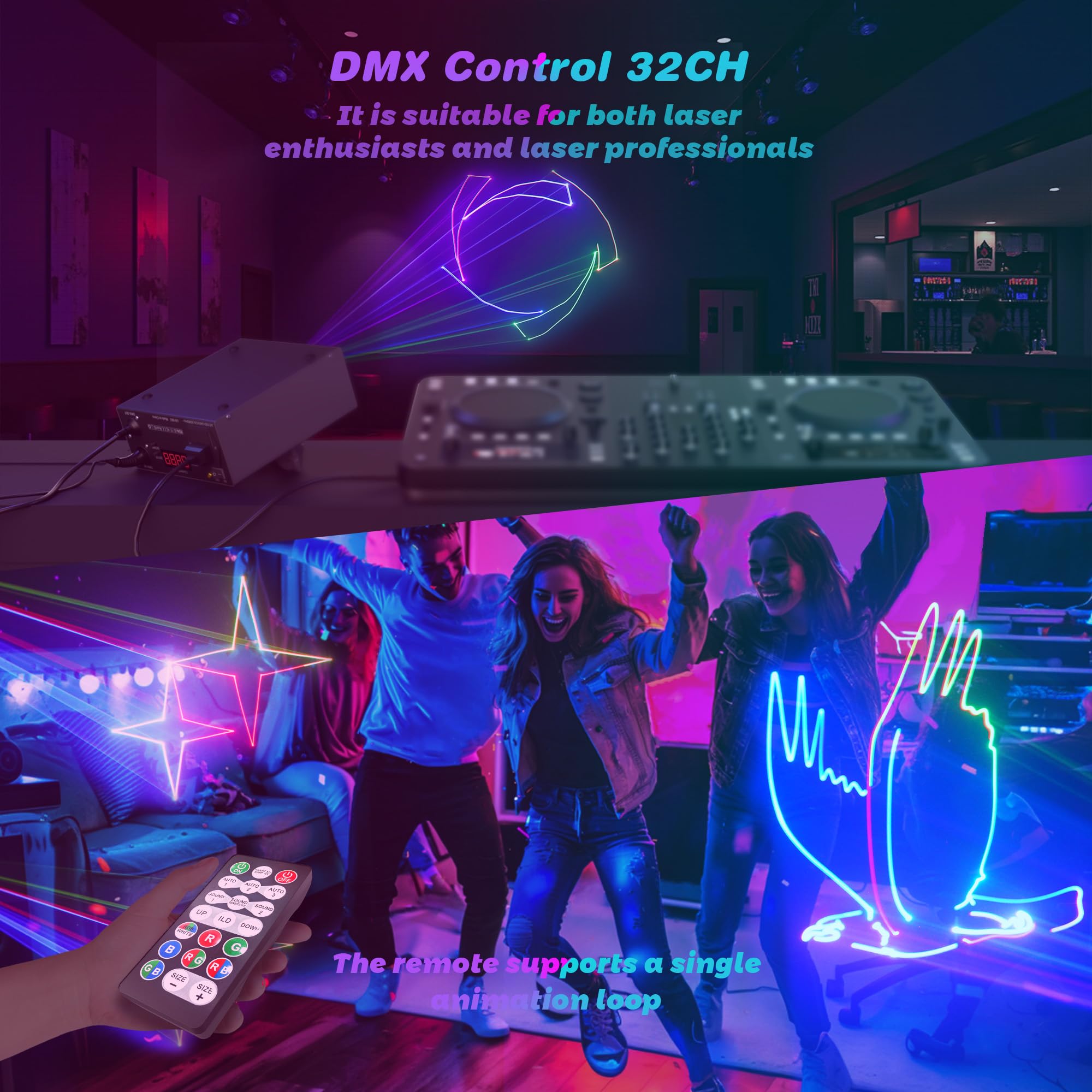 Professional 3D Animation Laser Light Show with Sound Activation & DMX512 - RGB Beam Effect DJ Party Lights for Indoor Events (Bars, Nightclubs, Weddings, Halloween & Christmas Celebrations)