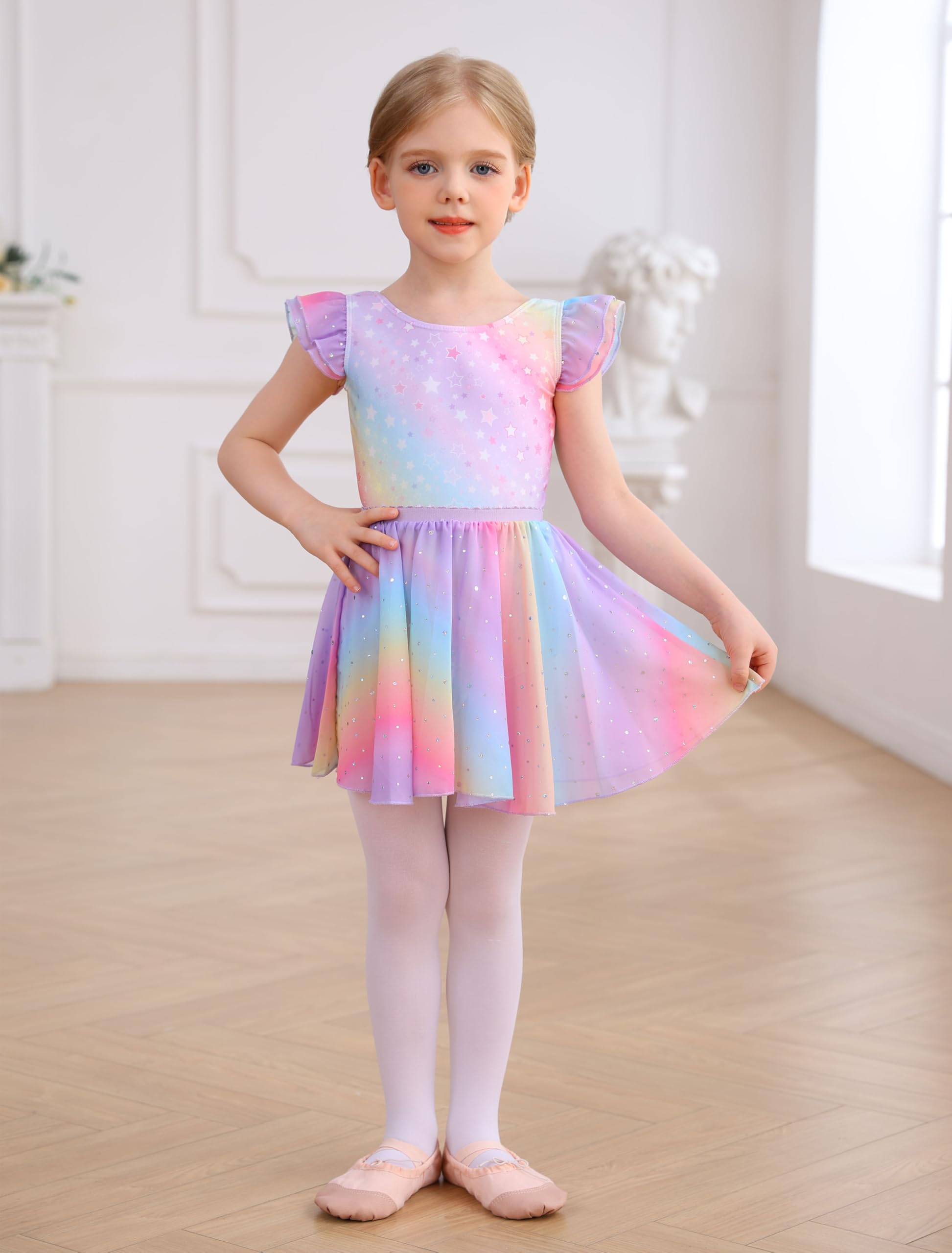 Toddler Girls Ballet Leotard with Swallowtail Tutu Skirt & Flutter Sleeves - MDNMD Dance Dress for Ballet Class, Recital, and Performance