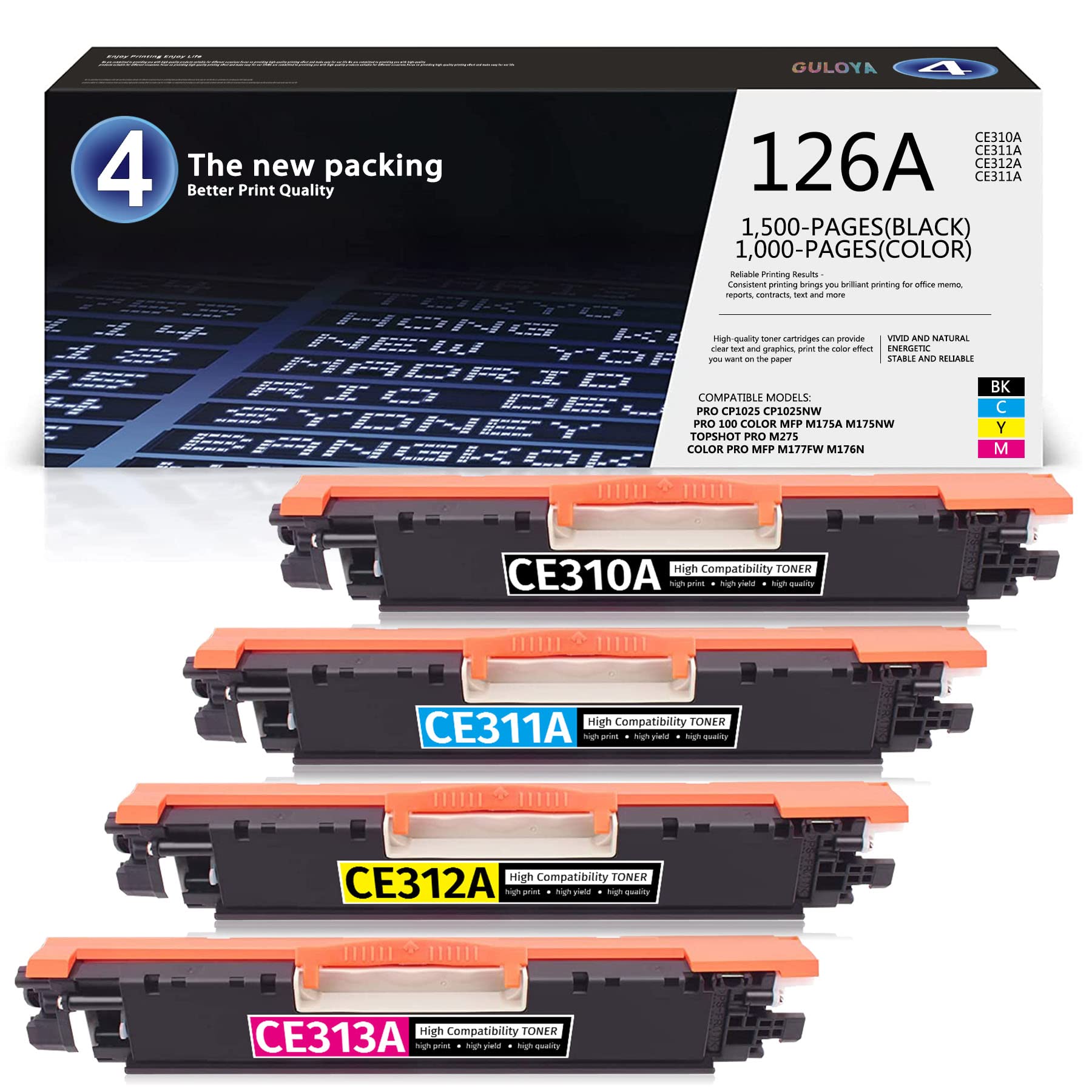 GULOYA 4-Pack Compatible Toner Cartridge CE310A CD311A CE312A CE313A for HP 126A - Replacement for HP CP1025/CP1025nw/M175a/M175nw/M275/M177fw/M176n Printers - Ideal for Home & Office Printing Needs