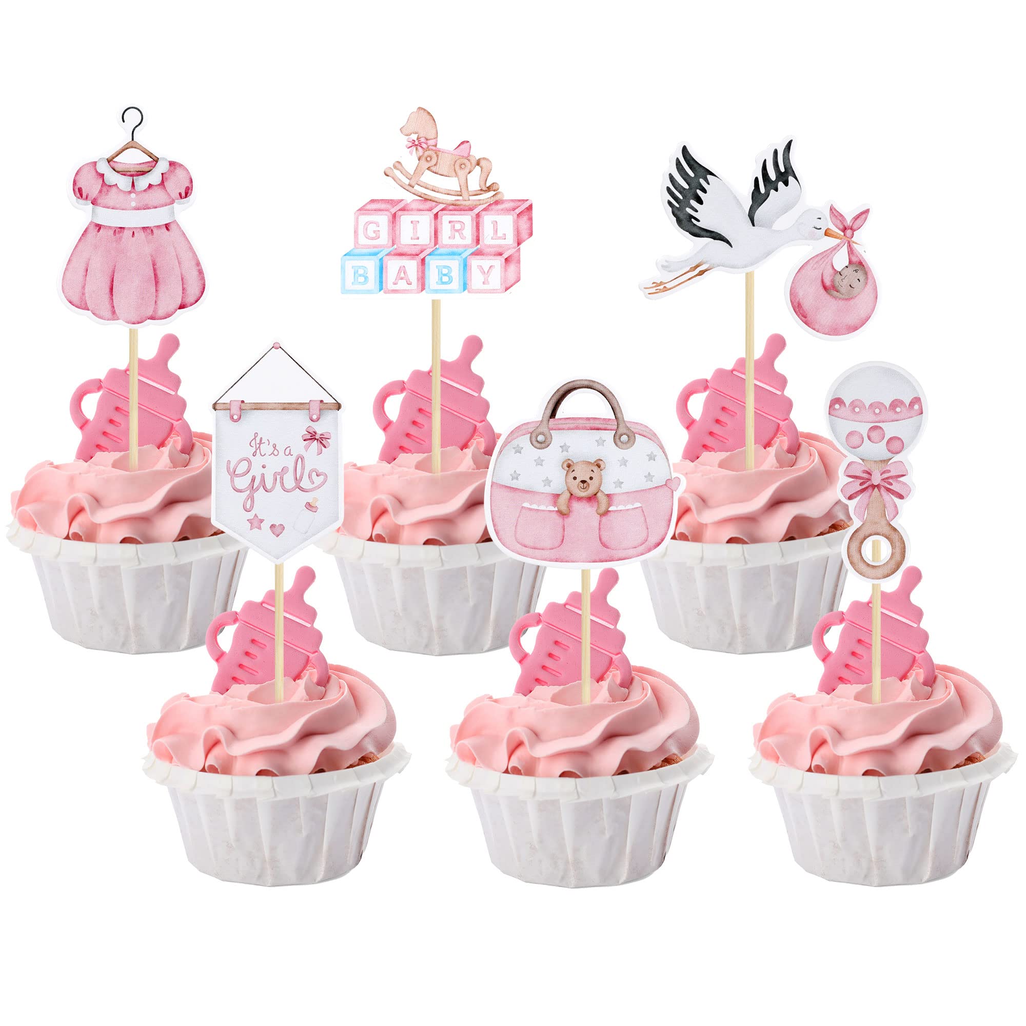 36Pcs Baby Shower Cupcake Toppers - Swan Pacifier Cloud Moon Star Decorations for Girls | Oh Baby It's a Girl Cake Decor | Pink Baby Shower & Birthday Party Supplies | Perfect for Baby Showers, Gender Reveals & 1st Birthday Parties