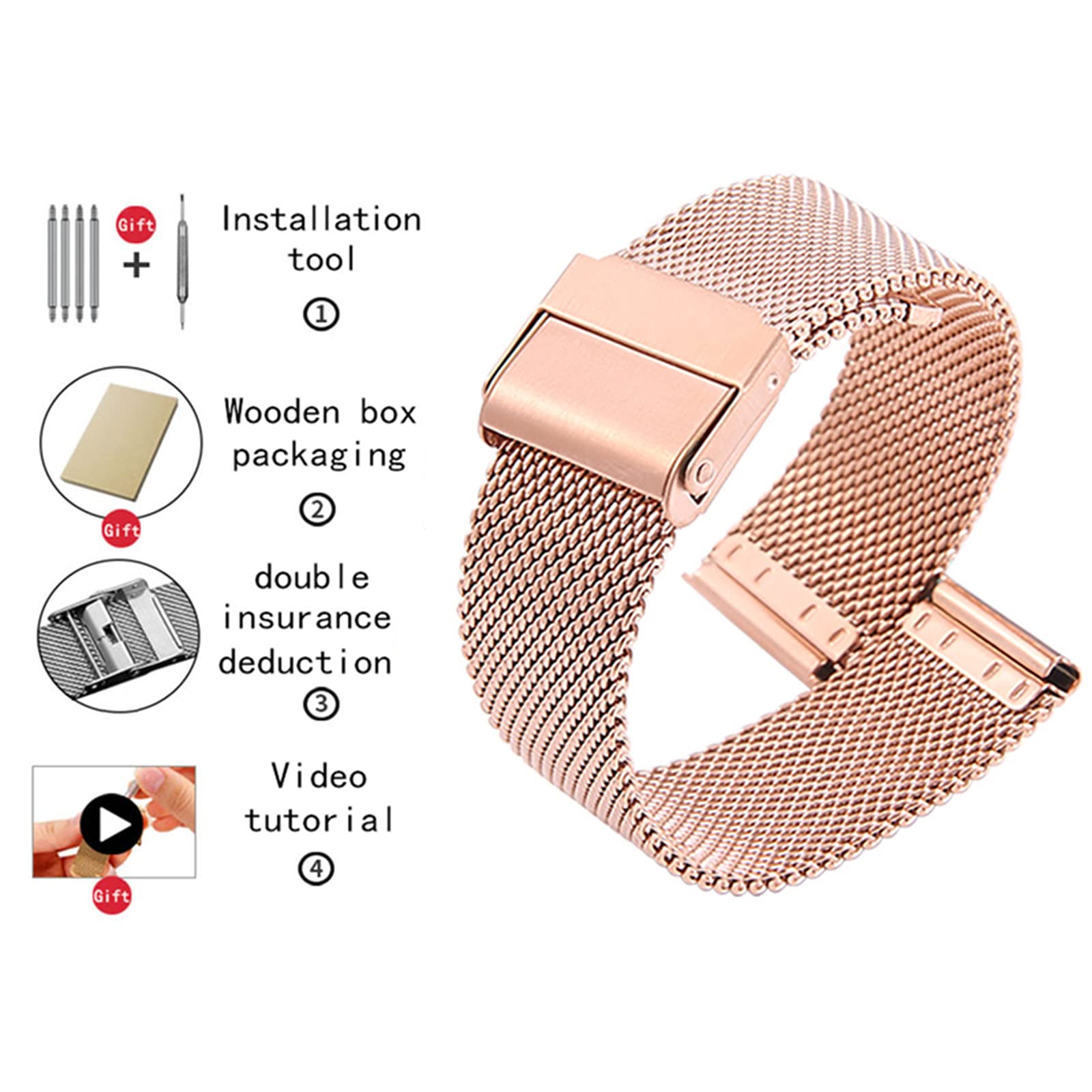 Quick Release Stainless Steel Mesh Watch Band - 24mm Rose Gold Metal Strap Replacement for Men & Women, Compatible with Most Smart Watches, Perfect for Work, Travel & Everyday Wear