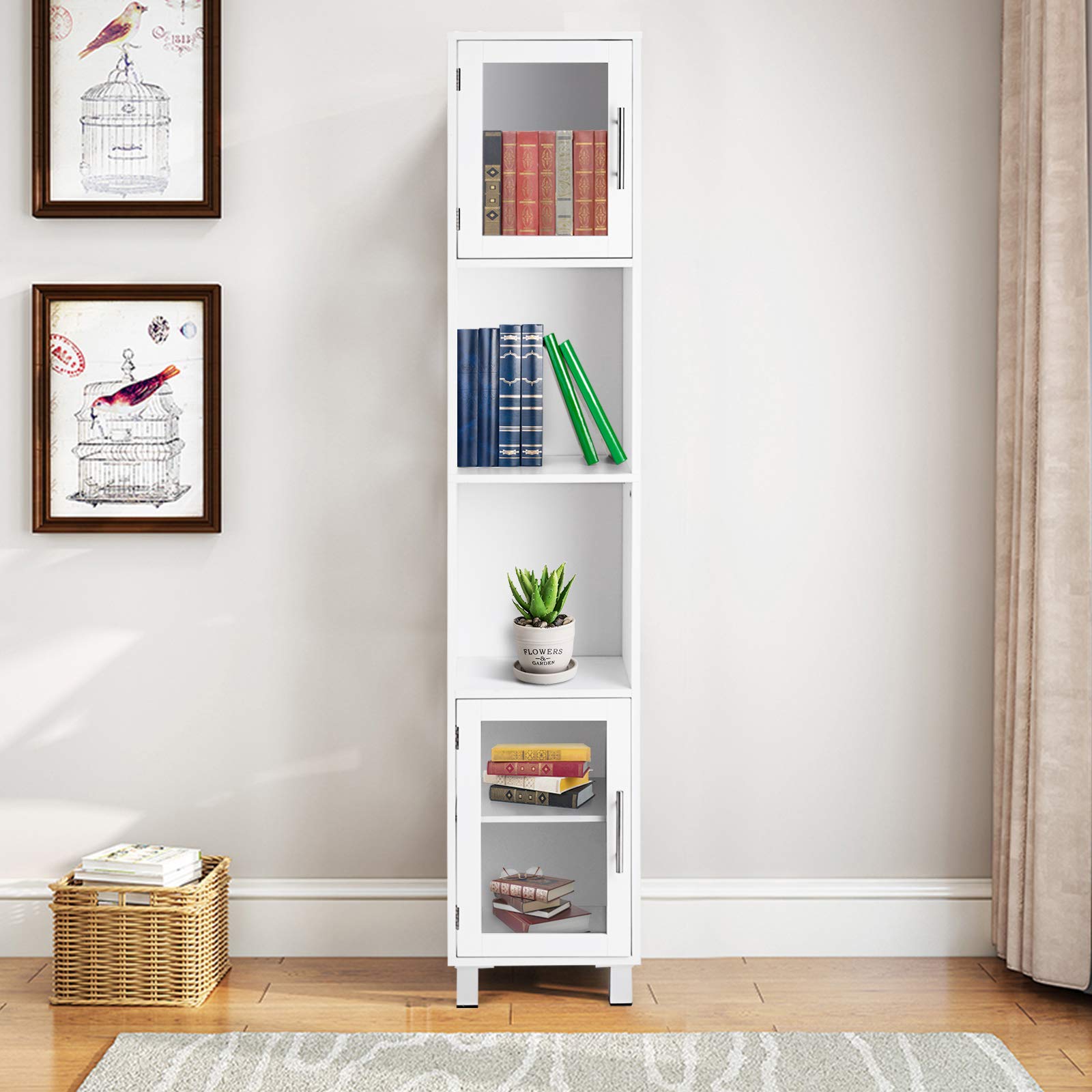 GLACER White Bathroom Storage Cabinet - 71 Inch Tall Kitchen Floor Cabinet with 2 Open Shelves & Tempered Glass Doors - 13x12x71 Inches Organizer for Bath Towels, Toiletries & Cleaning Supplies - Perfect for Small Bathrooms, Laundry Rooms & Kitchen Storage