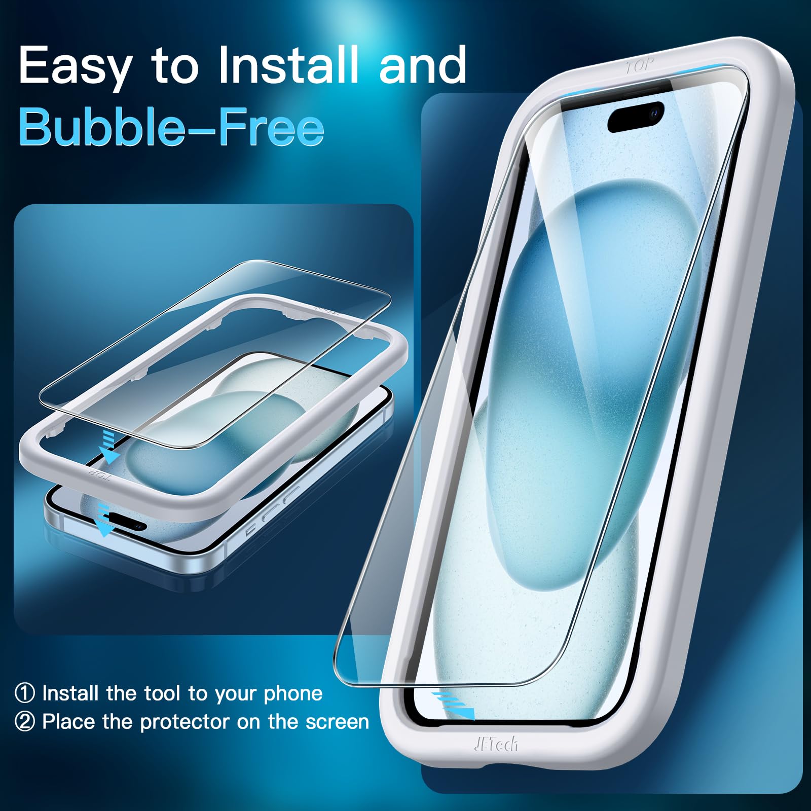 JETech Tempered Glass Screen Protector for iPhone 15 Plus 6.7-Inch - 2 Pack, Bubble-Free, HD Clear, Easy Installation Tool, Case-Friendly - Perfect for Everyday Protection & Gaming