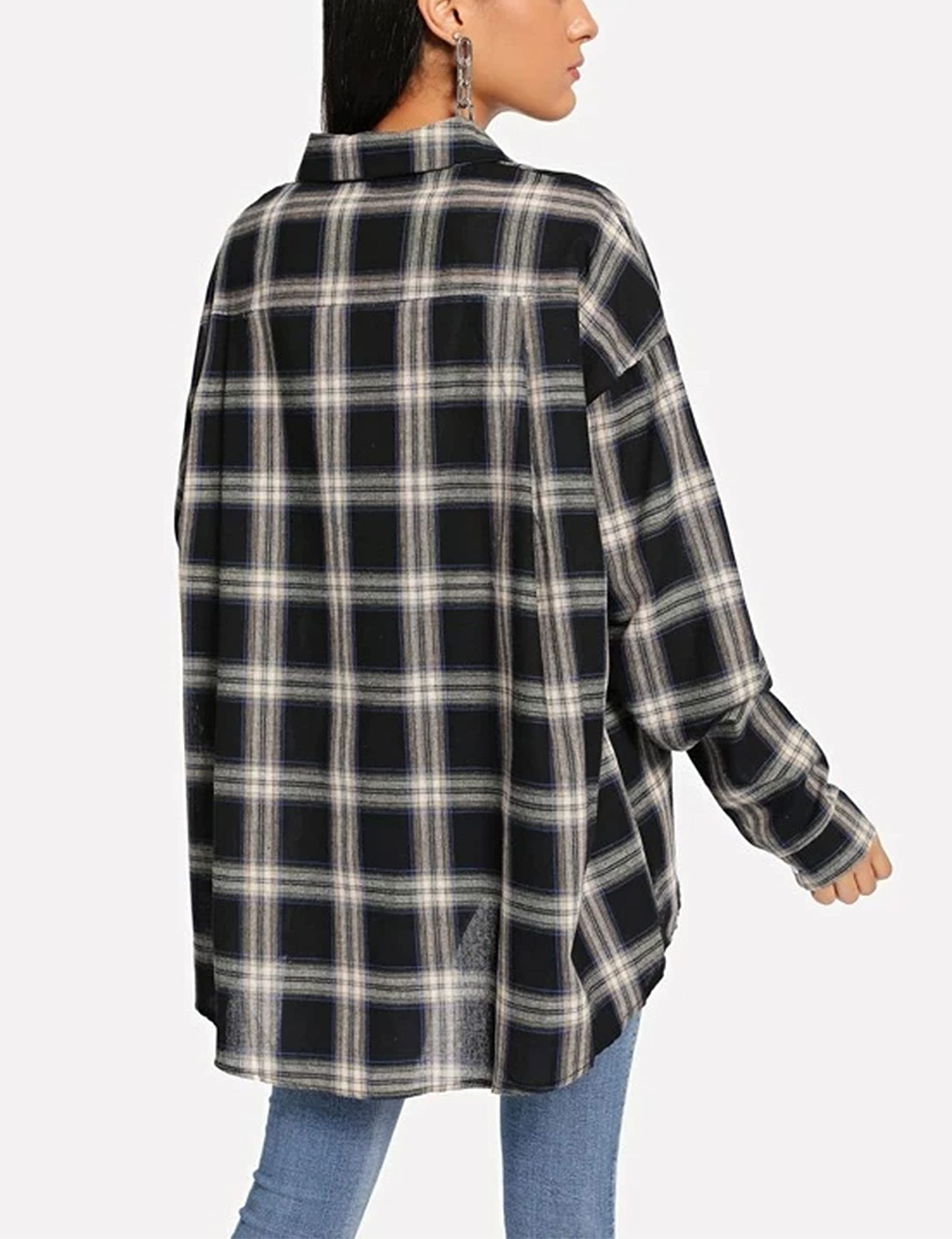 HangNiFang Women's Oversized Flannel Plaid Shirt - Long Sleeve Button Down Blouse for Casual Wear, Fall Layering & Outdoor Activities