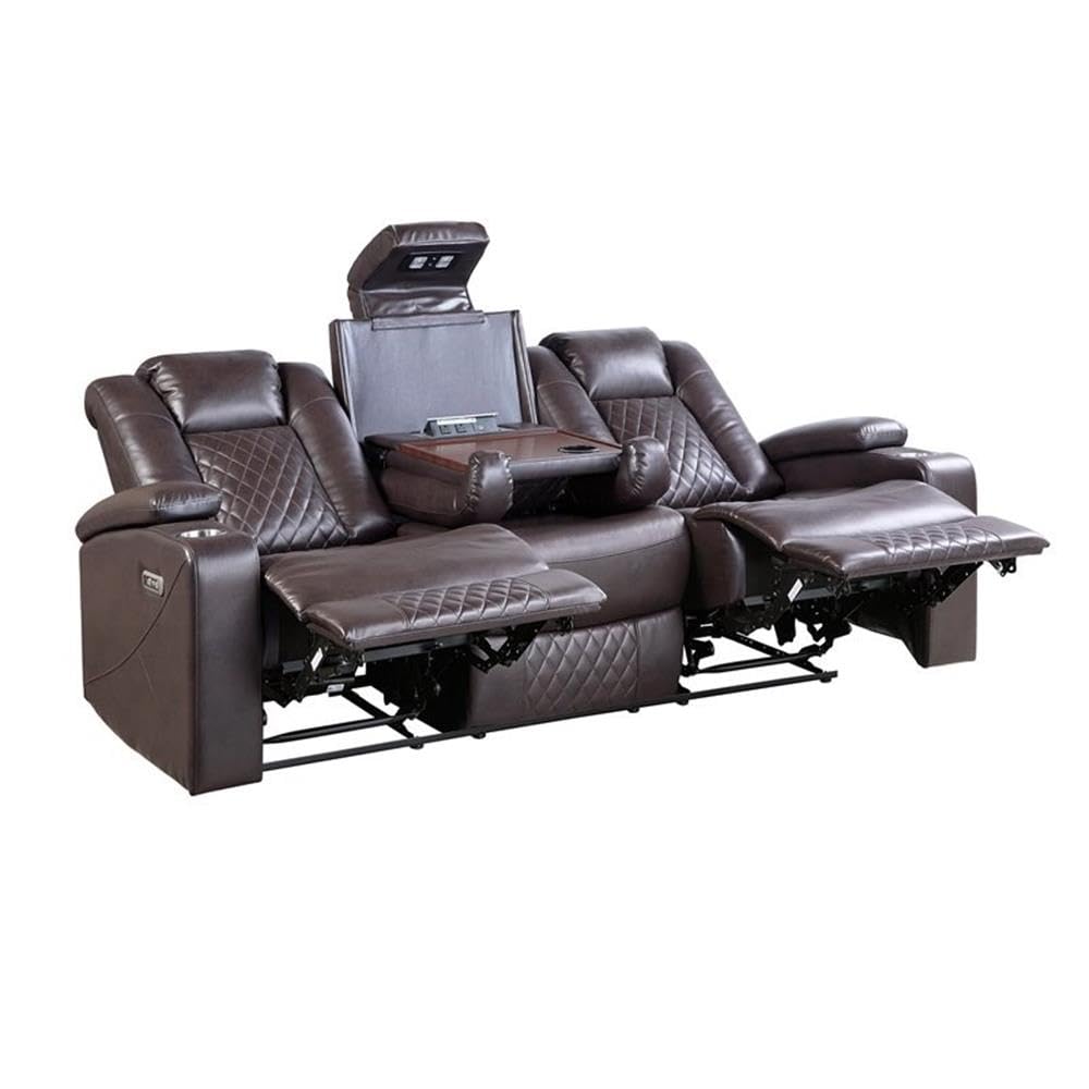 Lexicon Faux Leather Power Reclining Sofa with Power Headrests - Brown Leather Living Room Couch for Home Theater & Family Movie Nights