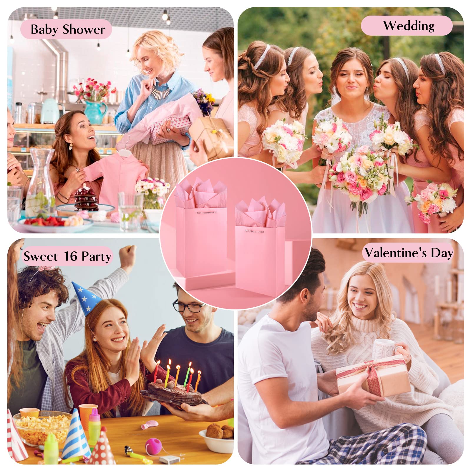 10 Pack Luxury Pink Gift Bags with Tissue Paper - 11x8x4 Inches Medium Size Paper Gift Bags with Handles for Women, Girls, Ladies - Perfect for Birthday Parties, Bridesmaid Proposals, Baby Showers & Wedding Favors