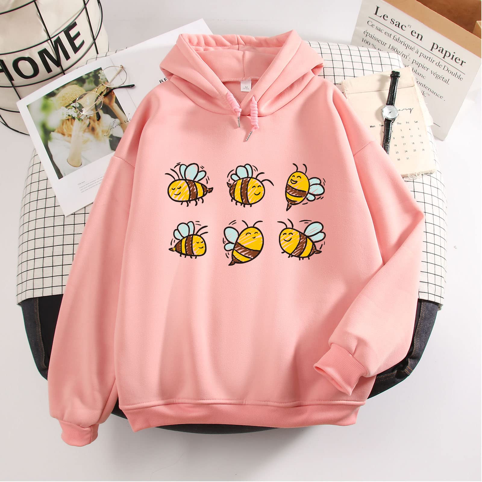 KEEVICI Cute Bee Hoodie for Teen Girls - Kawaii Animal Print Fleece Sweatshirt with Hood | Cozy Pullover for School, Casual Wear & Winter Outfits