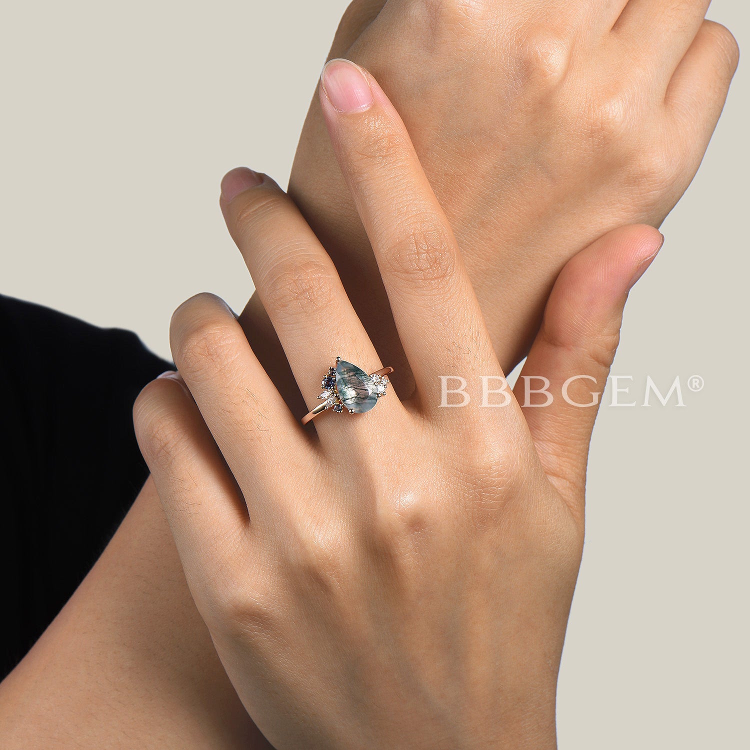 Natural Pear Cut Moss Agate Cluster Engagement Ring with Alexandrite & Diamonds | Vintage Style Wedding Ring for Women | Perfect for Proposals, Anniversaries & Special Occasions