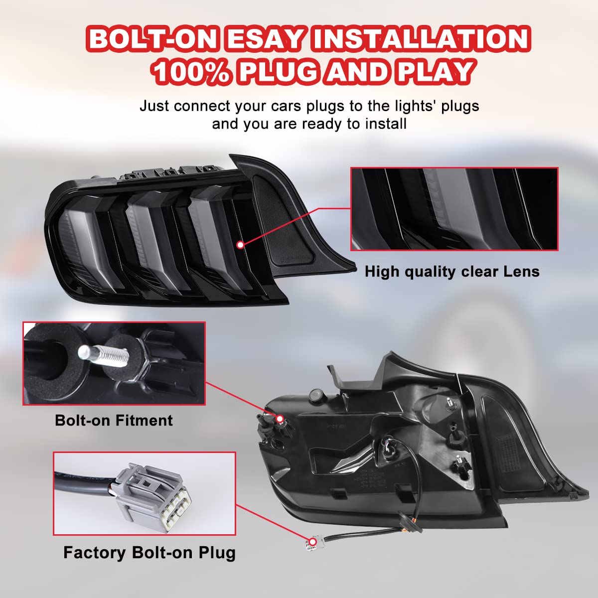 ROXX LED Tail Lights Assembly for 2015-2020 Ford Mustang - Smoked Lens Sequential Turn Signal Lights Pair (Driver & Passenger Side) | Waterproof Full LED Design | Perfect for Night Driving & Car Customization