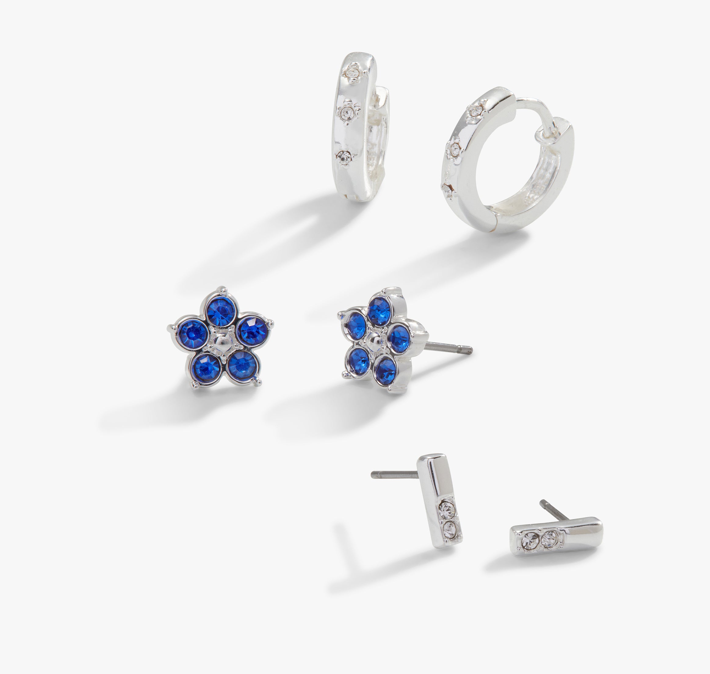 Forget Me Not Flower Crystal Stud & Hoop Earrings Set - 3 Pairs Sterling Silver Dainty Jewelry for Women, Gift for Her, Perfect for Weddings & Everyday Wear