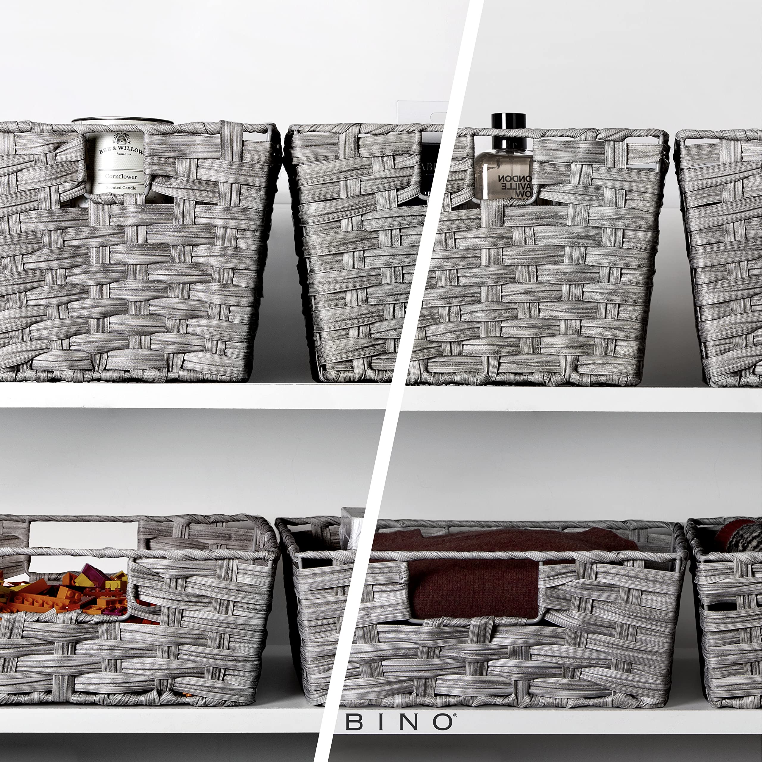 BINO 2-Pack Woven Resin Storage Baskets with Handles - Large Shelf Organizer for Home & Office - Light Gray - Perfect for Closet, Bathroom, and Pantry Organization