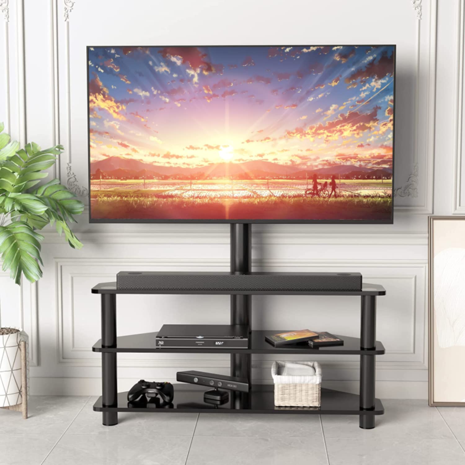 Swivel Corner Floor TV Stand with Mount for 32-65 Inch Flat & Curved Screens - Adjustable 3-Tier Tempered Glass TV Stand with Cable Management, Max VESA 600x400mm - Perfect for Living Room, Bedroom & Home Theater Setup