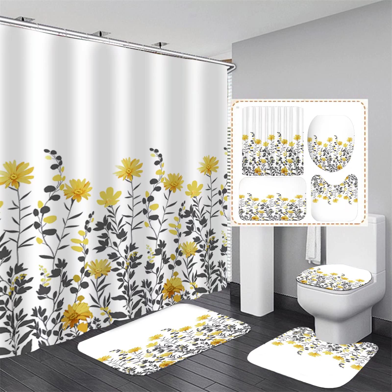 DDQQ Yellow Floral Bathroom Set - Waterproof Shower Curtain with 12 Hooks, Bath Mat & Accessories | Durable Fabric Bath Decor for Modern Homes, Perfect for Guest Bathrooms & Master Suites