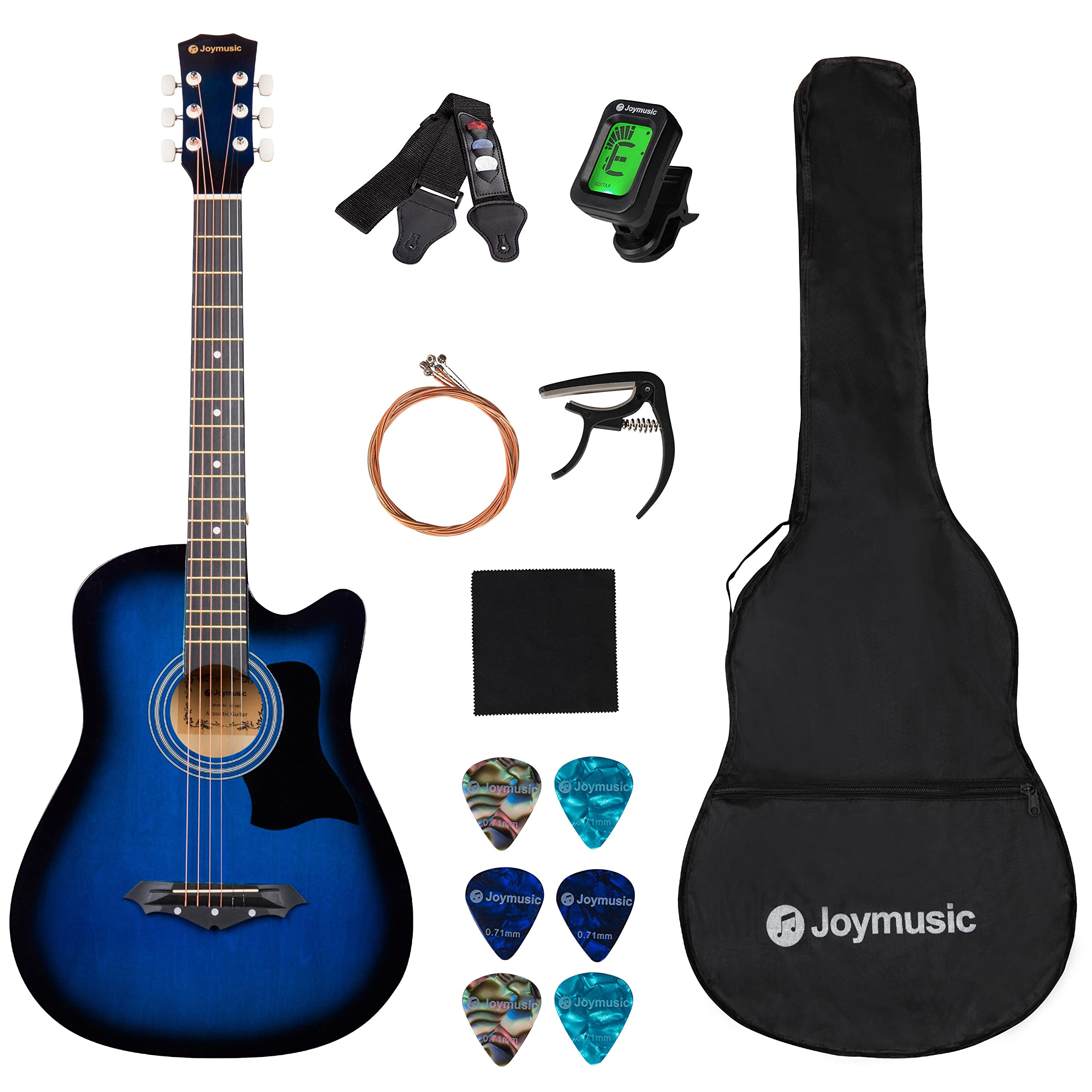 Joymusic 38 Inch Blueburst Acoustic Guitar Kit for Beginners - Includes Strap with Pick Holder, Digital Tuner, Strings, Capo, Cleaning Cloth, 6 Picks & Gig Bag (JG-38C, BLS) - Perfect for Learning, Practice & Travel