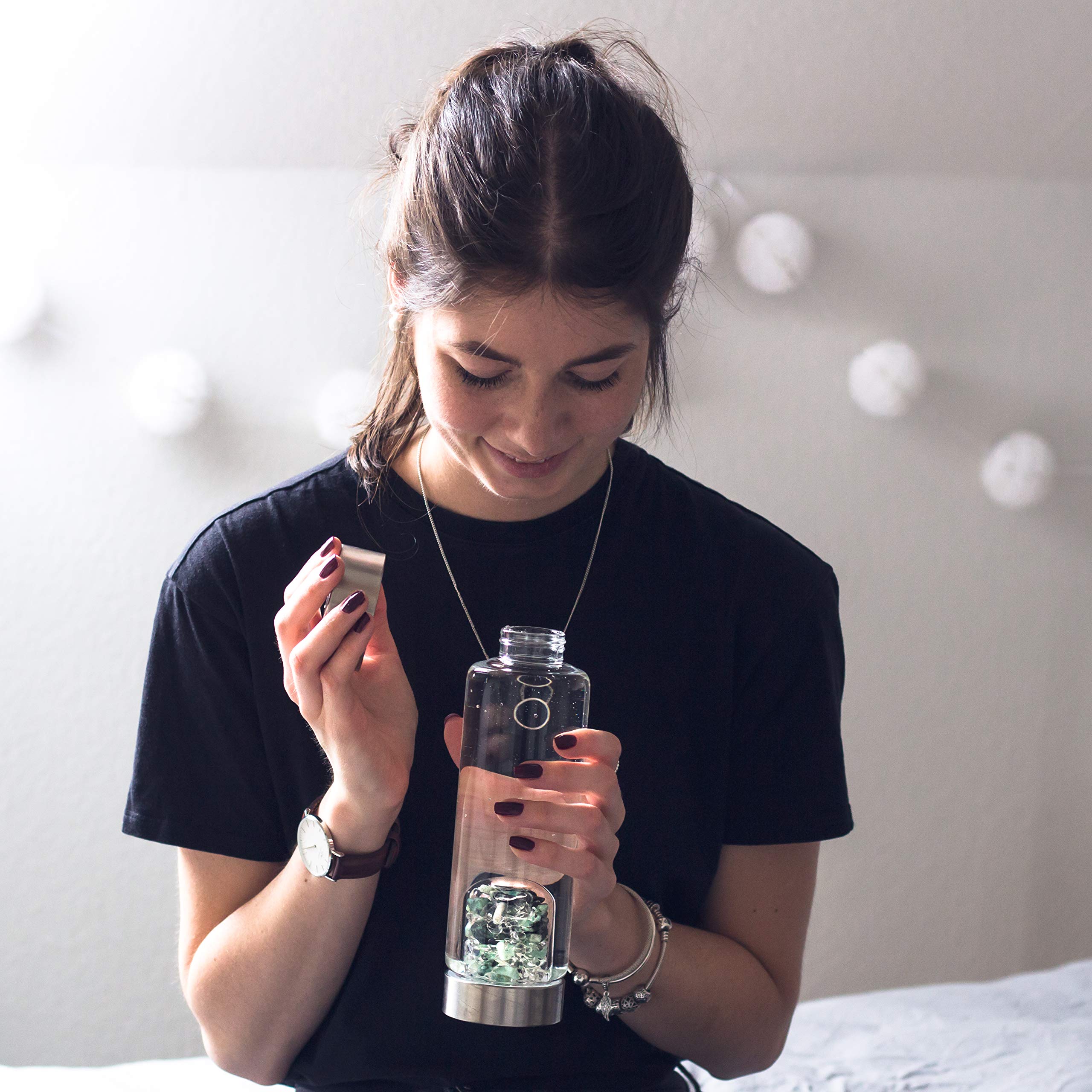 VitaJuwel ViA VITALITY Crystal Water Bottle with Emerald & Clear Quartz - Energy Infused Water for Hydration, Detox & Wellness | Perfect for Yoga, Meditation & Daily Fitness Routine