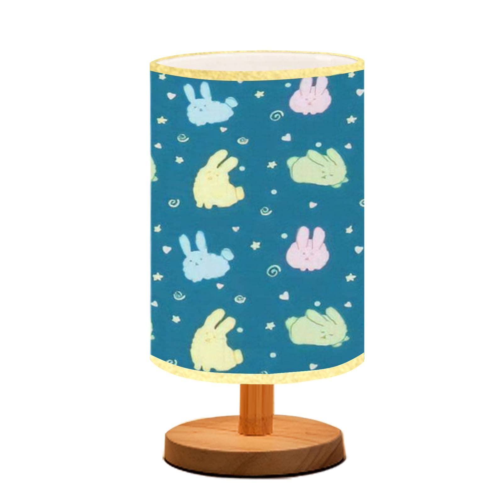 **Fluffy Bunnies Night Light - Cute Kawaii Rabbit Dimmable Table Lamp with Blue Wood Base & Flaxen Fabric Shade for Bedroom, Living Room, Nursery - Perfect for Bedside, Nightstand, or Desk Use**