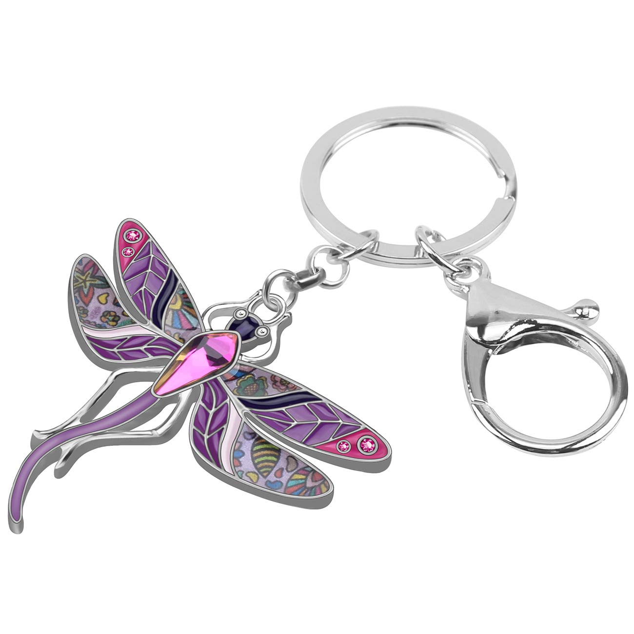 BONSNY Enamel Alloy Rhinestone Floral Dragonfly Keychain - Elegant Women's Keychain Gift for Car, Purse & Bag - Nature-Inspired Jewelry Charm for Everyday Use & Special Occasions
