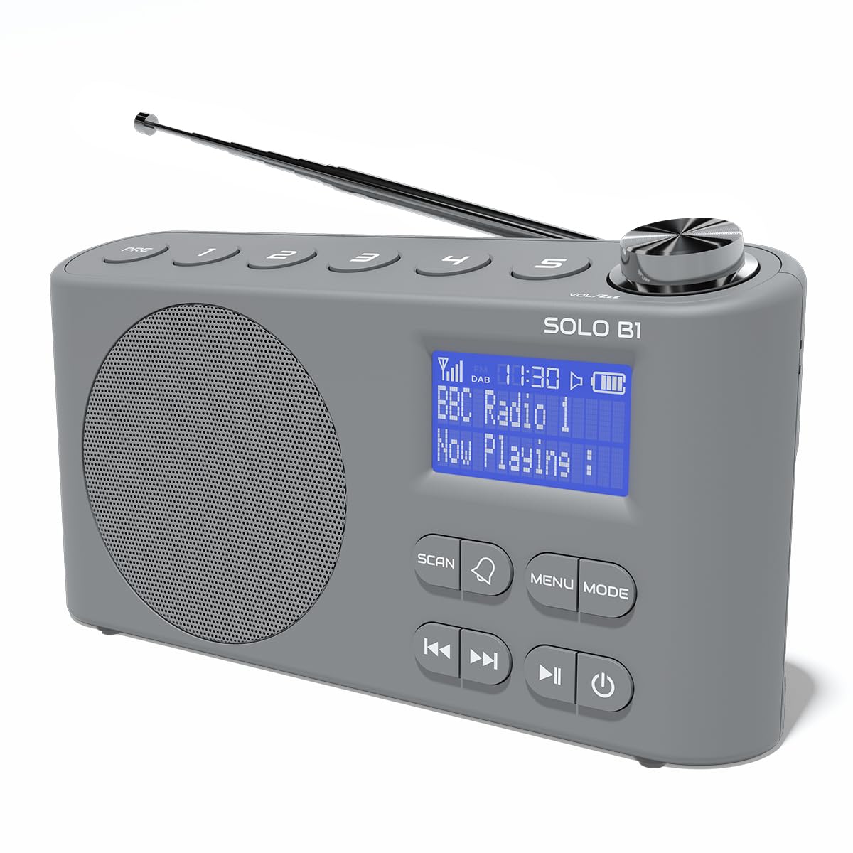 AZATOM Solo B1 Grey Portable DAB/DAB+ Digital Radio with Bluetooth - Rechargeable Battery, Dual Alarm, 80 Presets, AUX & Headphone Jack - Perfect for Home, Office, Travel & Outdoor Use