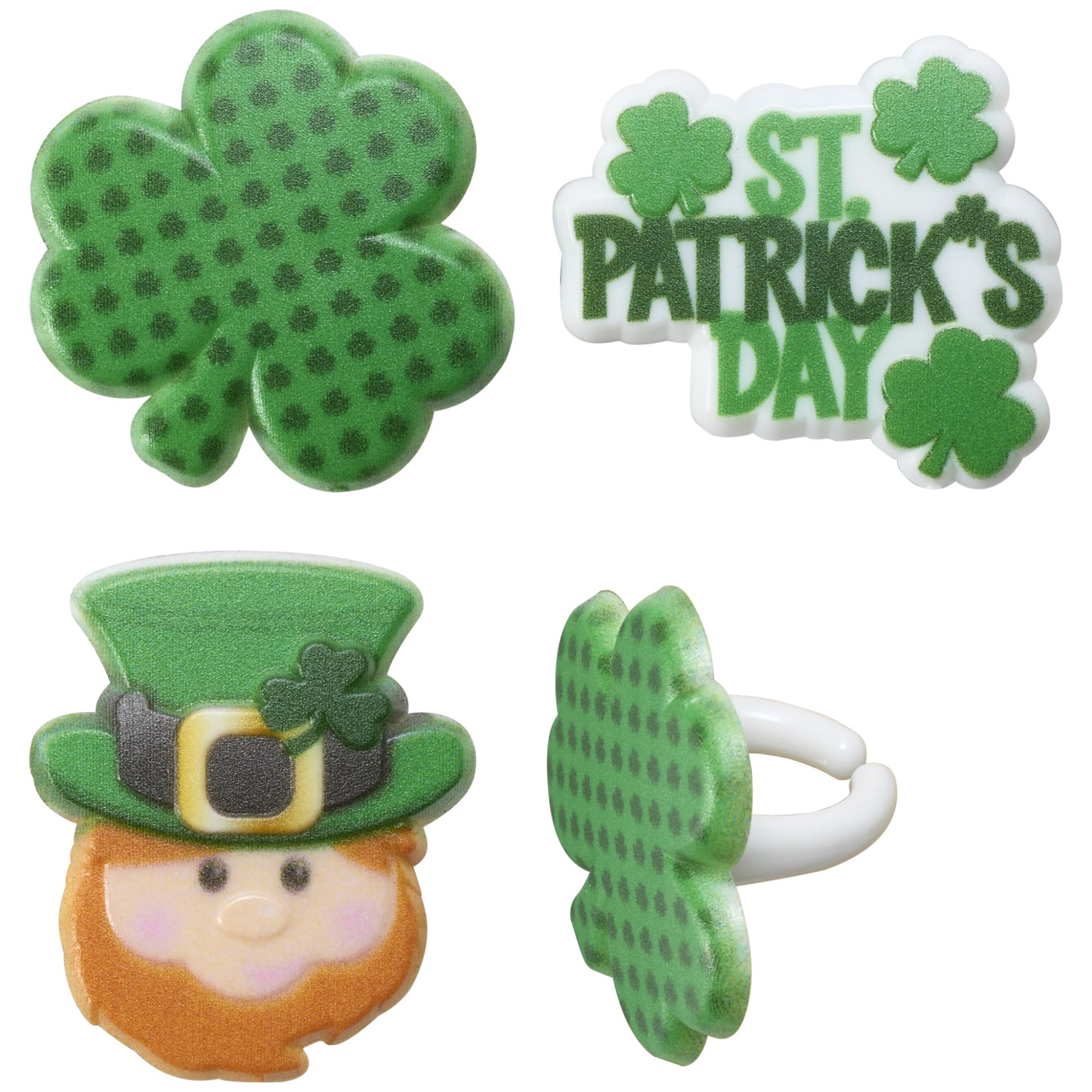 DecoPac St. Patrick's Day Cupcake Toppers - 24 Pack of Green Shamrock & Leprechaun Rings for Cake Decorations | Food Safe Cupcake Decor for St. Paddy's Day Parties, Birthday Cakes & Holiday Desserts