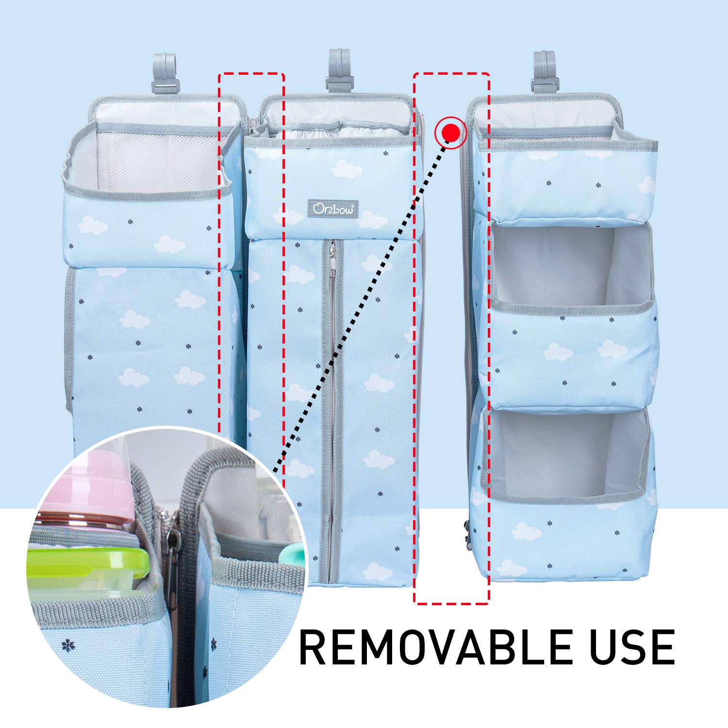 Orzbow 3-in-1 Hanging Baby Organizer & Diaper Caddy | Portable Nursery Storage for Diapers, Wipes & Essentials | Perfect for Crib, Changing Table or Nursery Wall (Blue) | Ideal for New Parents & Baby Showers