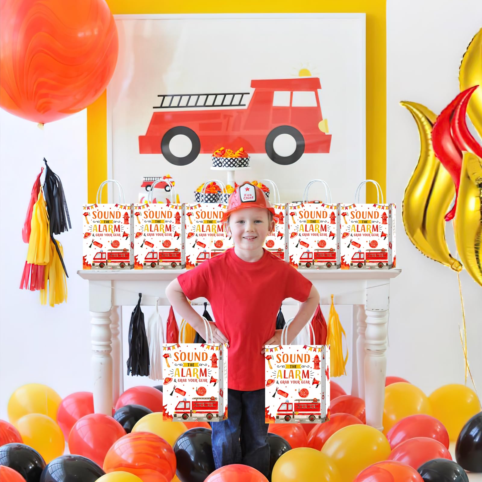 16-Piece Fire Truck Goodie Bags with Handles - Fire Engine Themed Party Supplies for Kids & Adults - Perfect for Birthday Parties, Snacks, Treats & Candy Favors | Ideal for Firefighter-Themed Decorations & Events