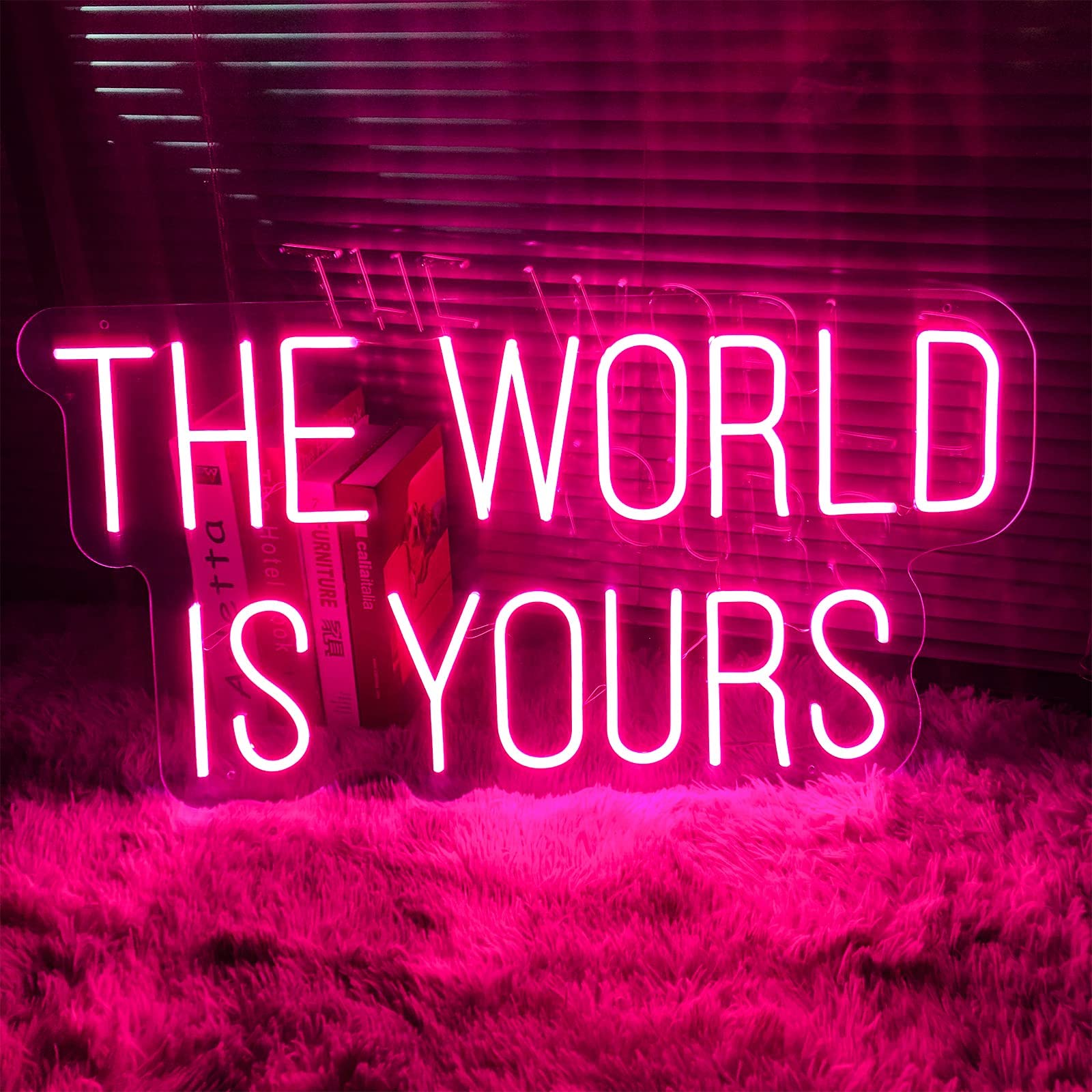 The World Is Yours LED Neon Sign - 25.9×13.4 Inch Pink Acrylic Light Up Wall Decor for Bedroom, Living Room, Office, Bar | Perfect for Christmas, Parties, Weddings & Gifts